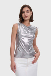 Polera Mujer Con Drapeado Brillante Plateado