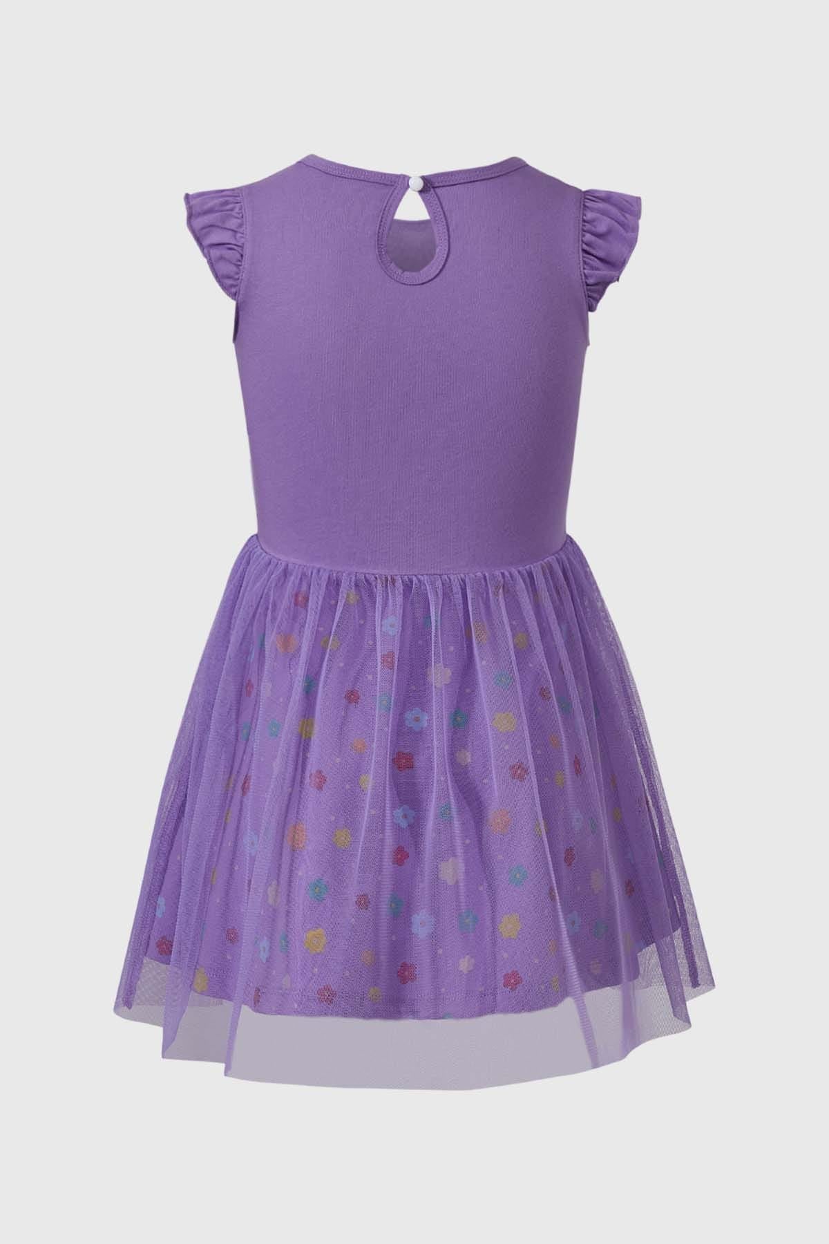 Vestido lila para niña con estampado de Minnie y tul en la falda.