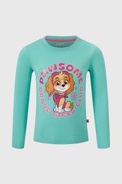 Polera niña Paw Patrol color calipso con estampado de Skye.