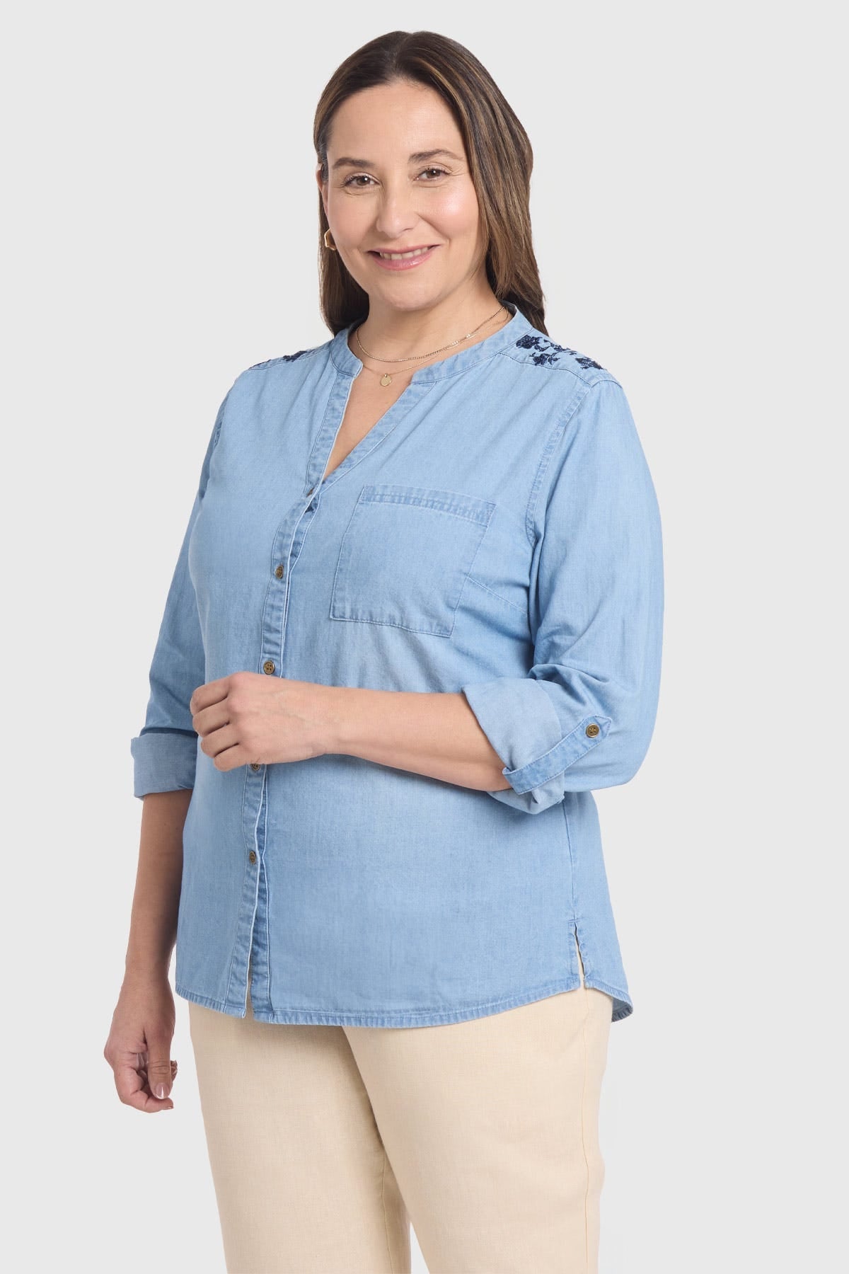 Blusa Mujer Denim Bordada Azul