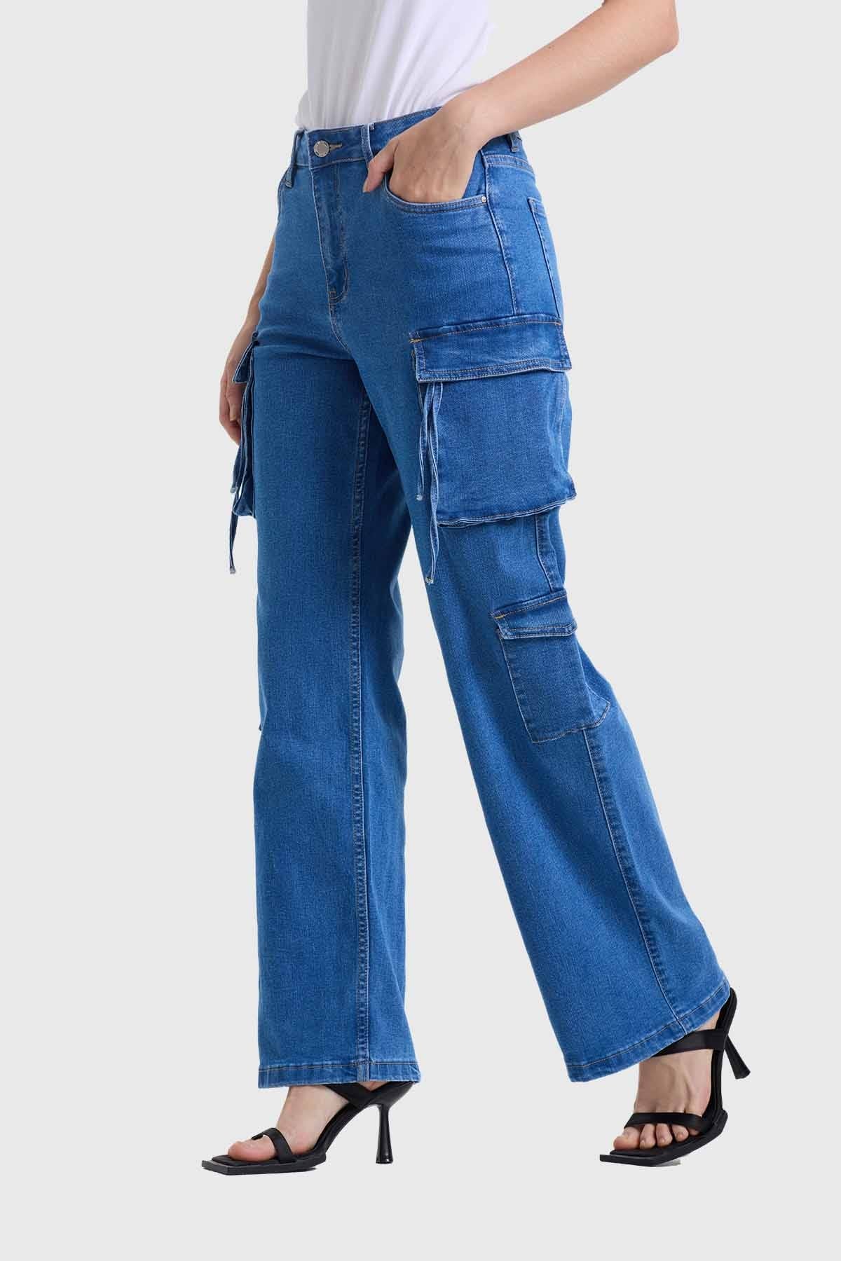 Jeans Mujer Recto Cargo Azul
