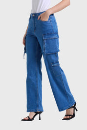 Jeans Mujer Recto Cargo Azul
