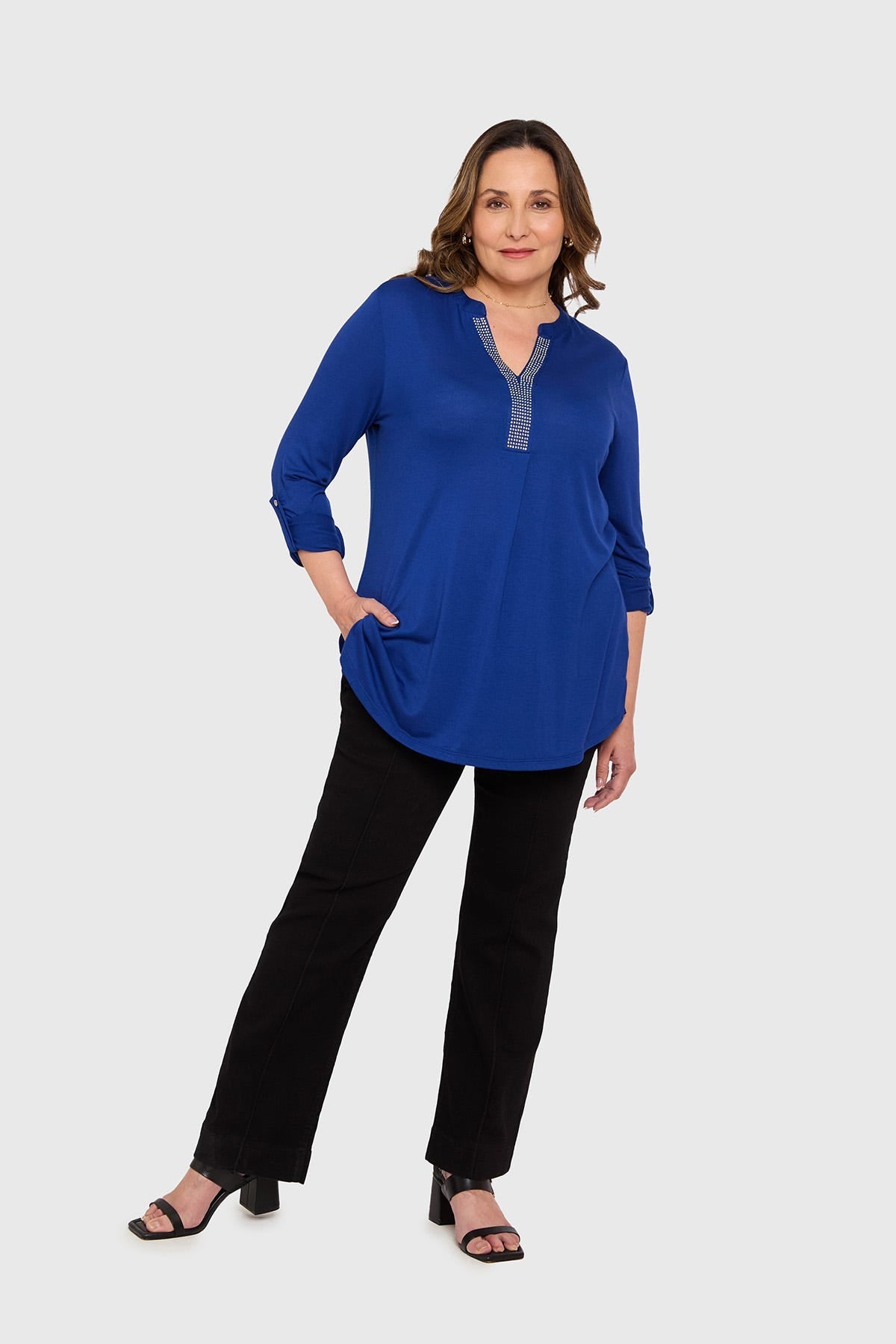 Polera Mujer Manga Roll Up Azul