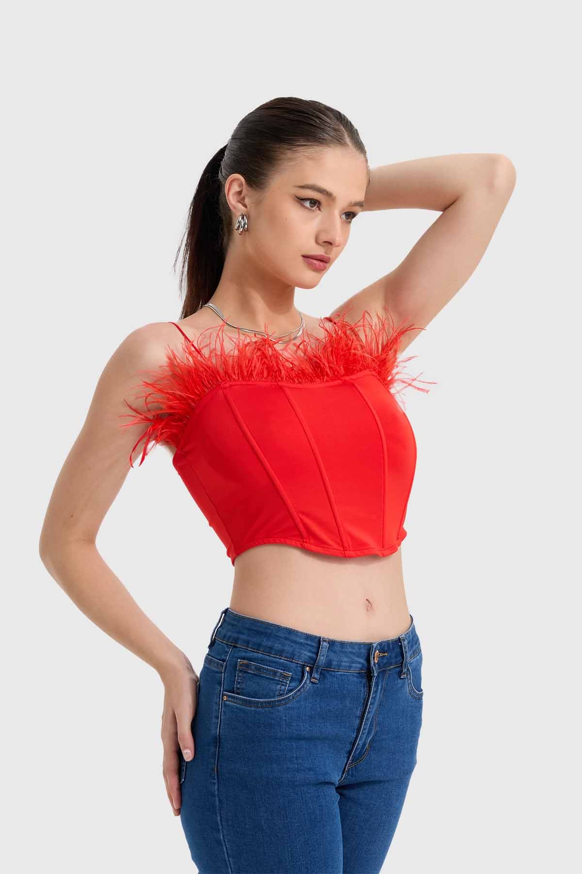 Polera Mujer Corset Plumas Rojo