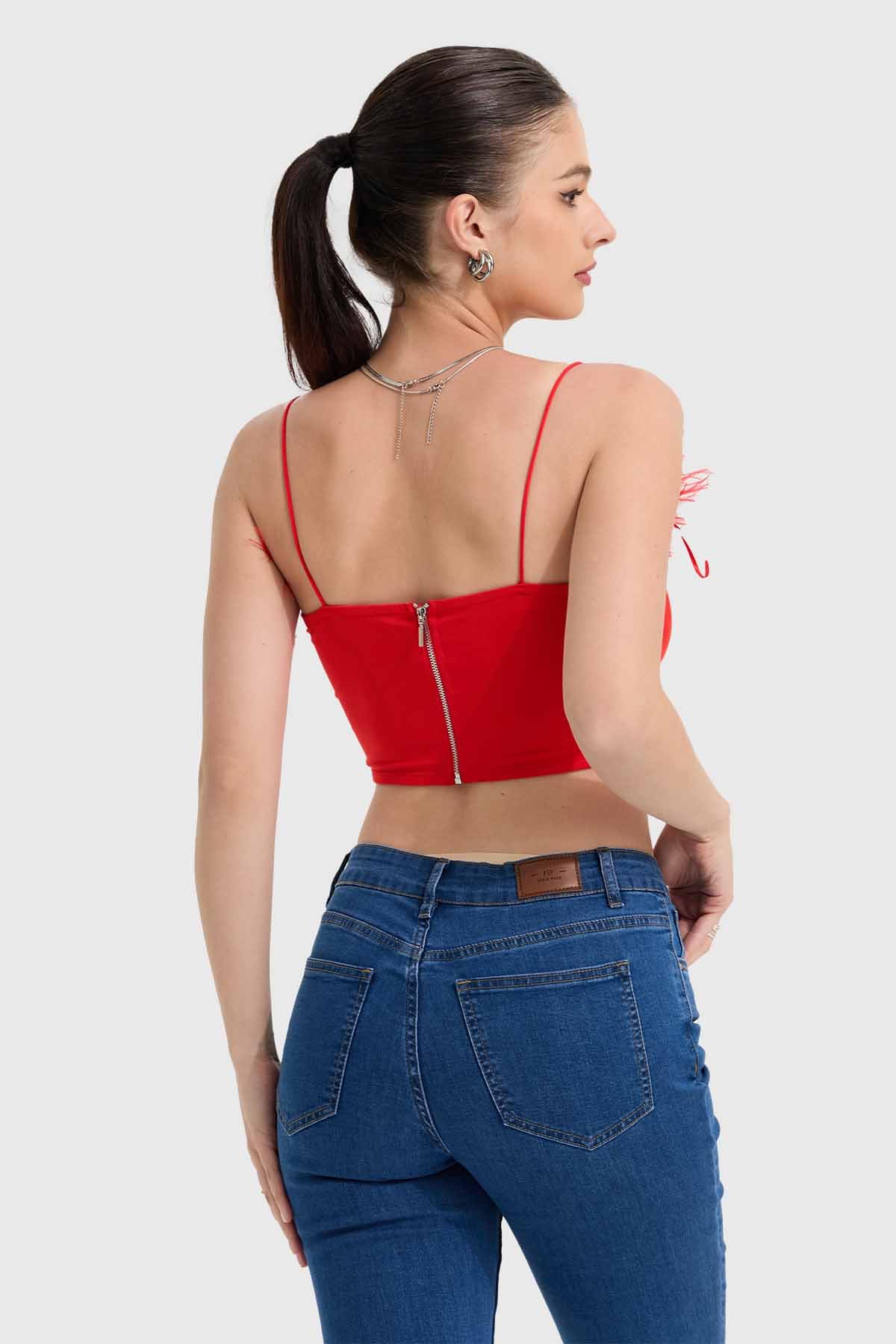 Polera Mujer Corset Plumas Rojo