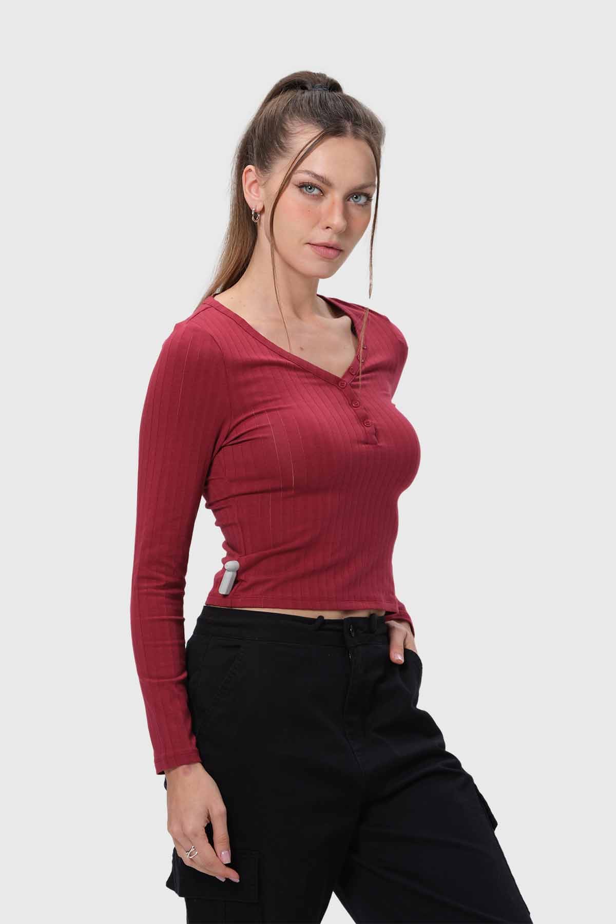 Polera Mujer Abotonada Burdeo