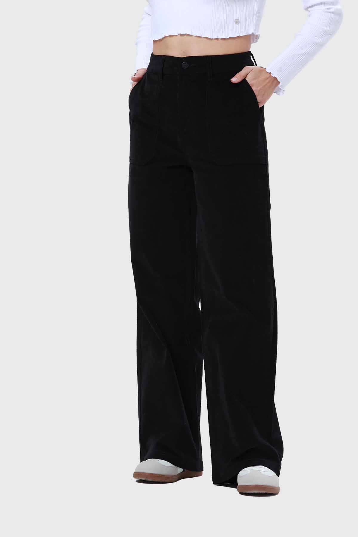 Pantalón Mujer Wide Leg Cotelé Negro