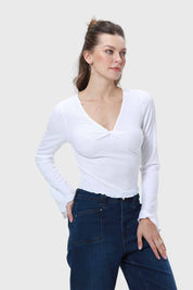 Polera Mujer Escote V Manga Flare Blanco