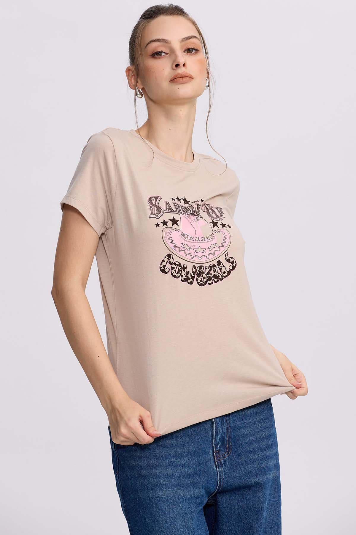 Polera Mujer Básica Print Beige – Fashion´s Park