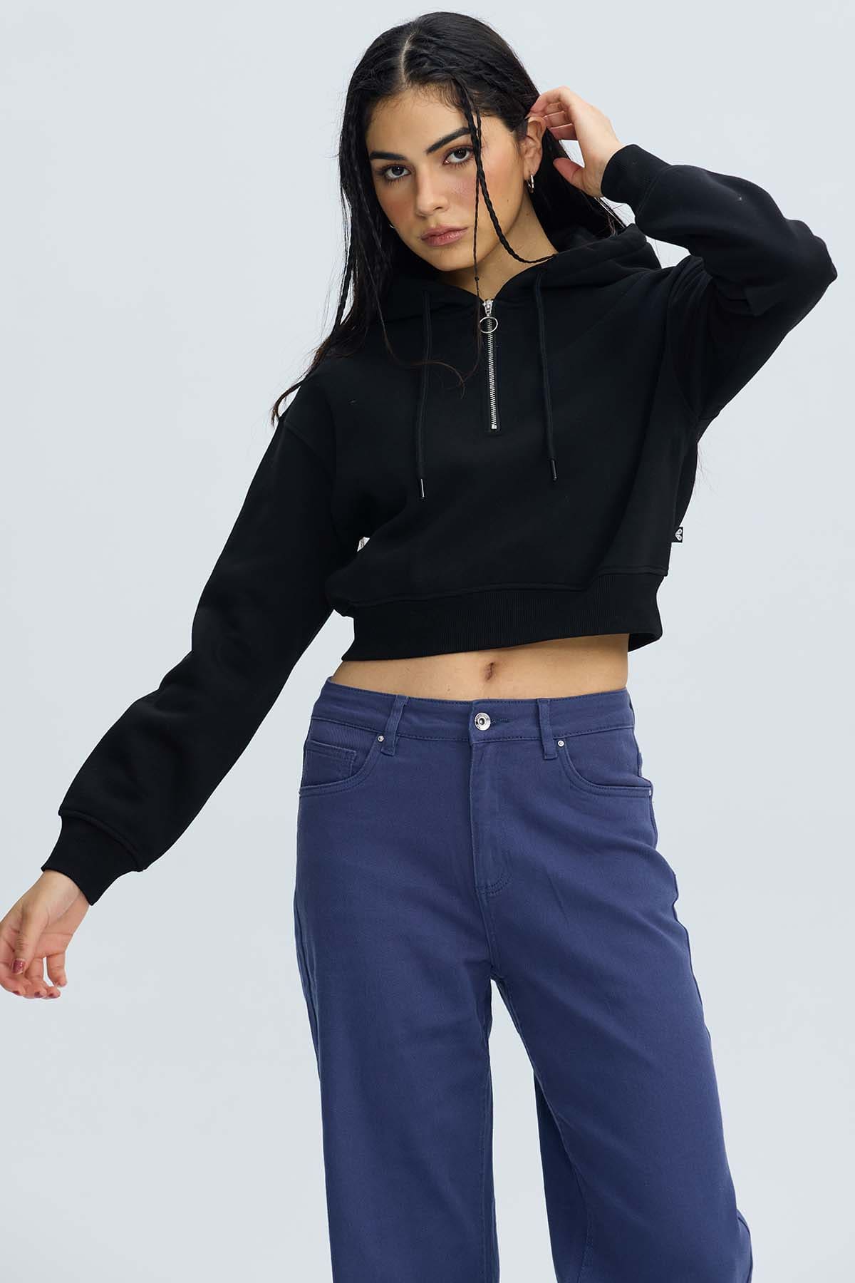 Polerón Mujer Medio Zipper Crop Negro Negro / XL