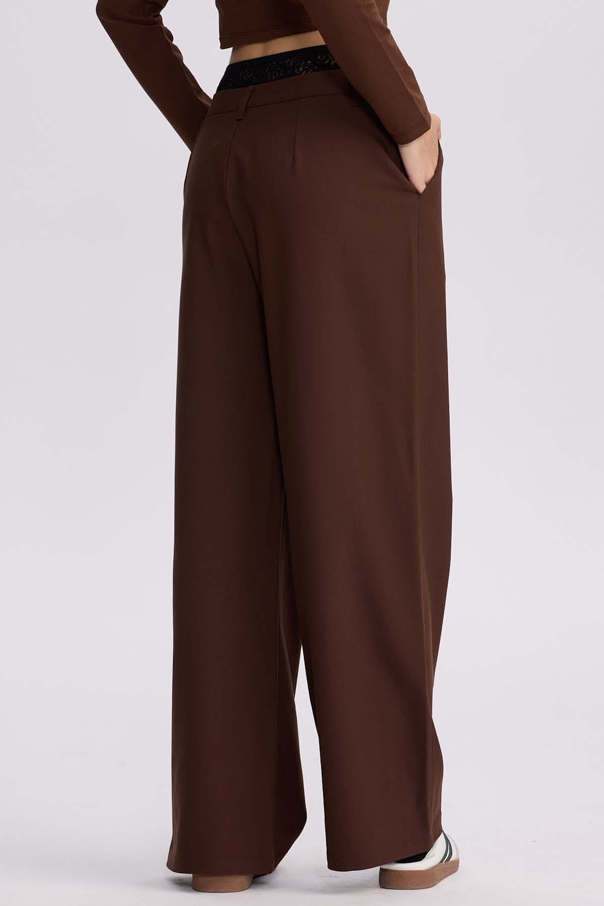 Pantalón Mujer Doble Pretina Encaje Cafe