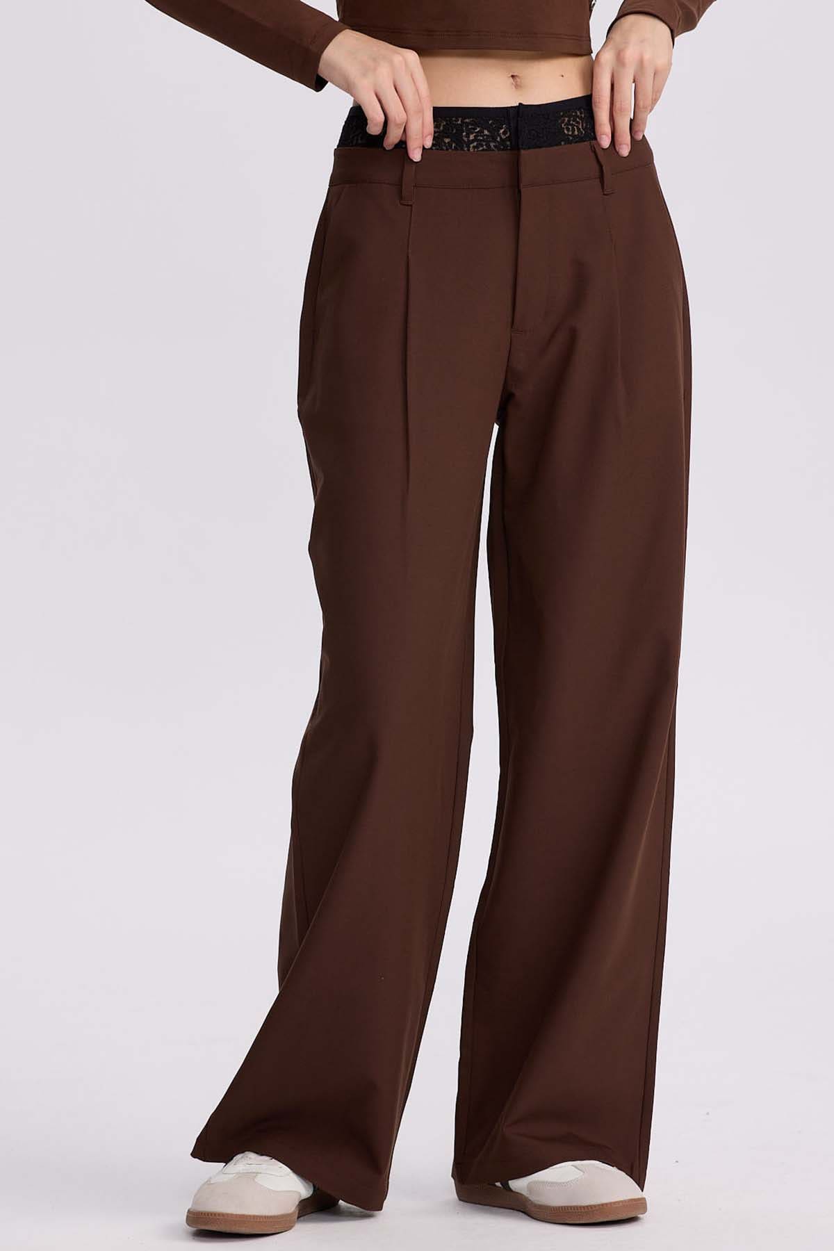 Pantalón Mujer Doble Pretina Encaje Cafe