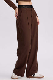 Pantalón Mujer Doble Pretina Encaje Cafe