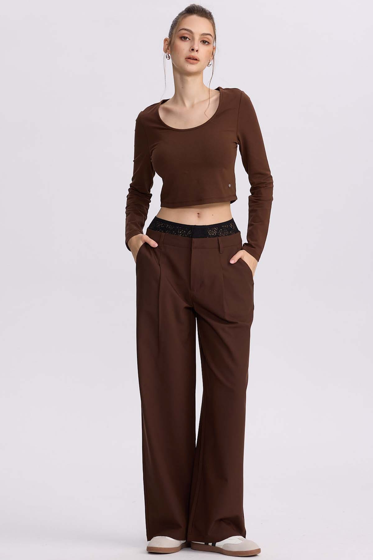 Pantalón Mujer Doble Pretina Encaje Cafe