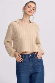 Polerón Mujer Cuello Camisero Beige