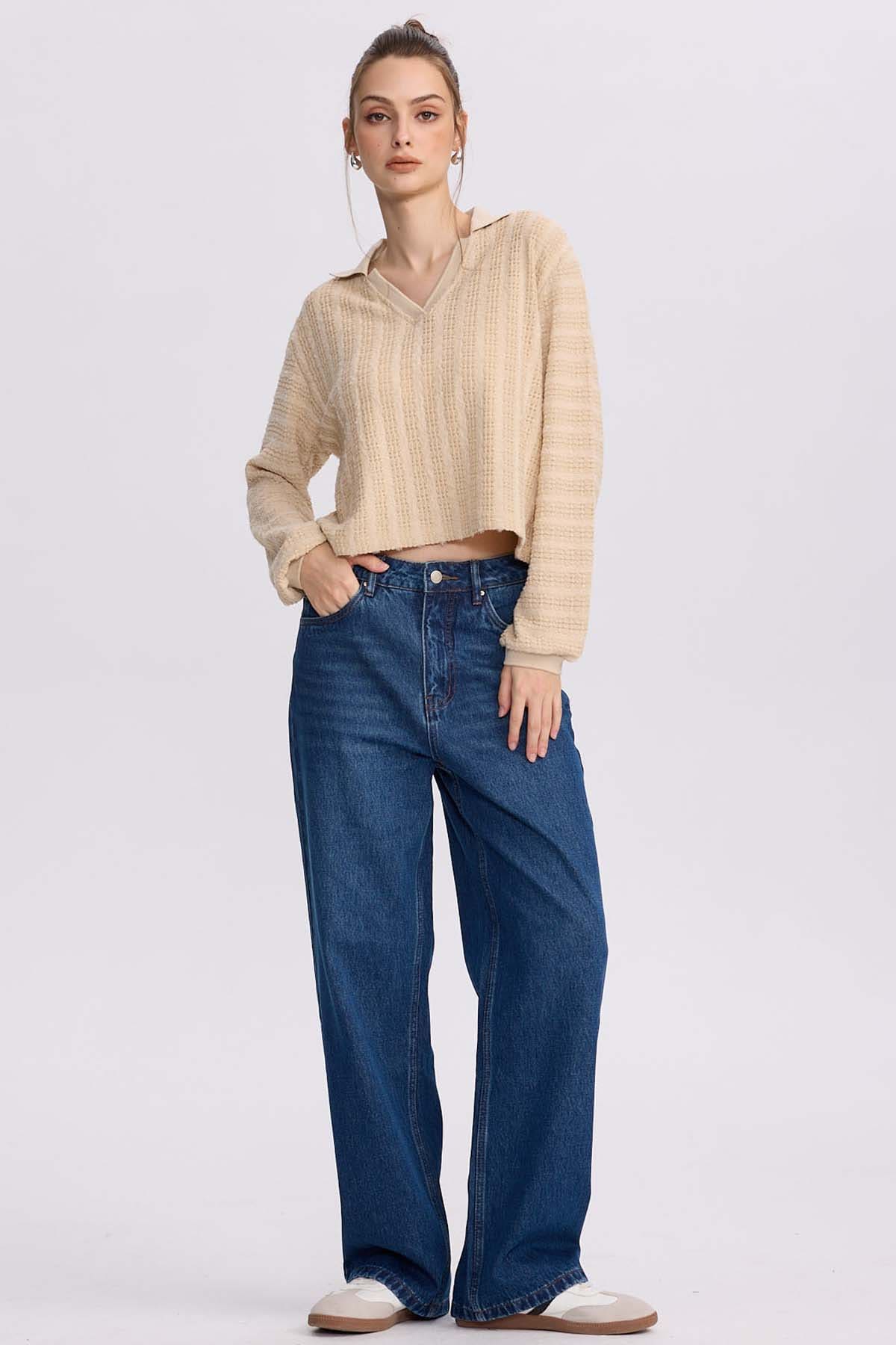 Polerón Mujer Cuello Camisero Beige