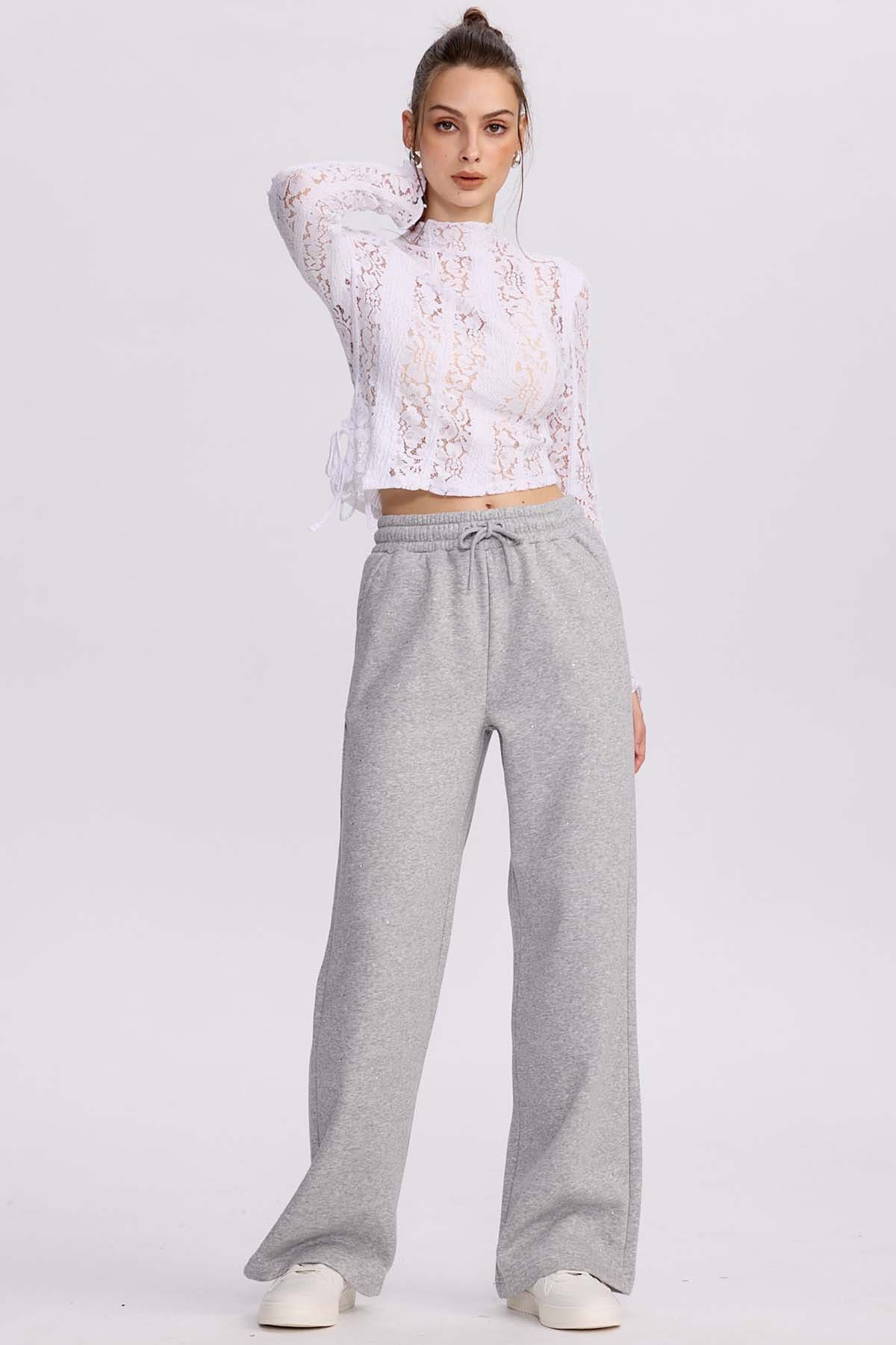 Pantalón Buzo Mujer Strass Gris Melange
