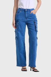 Jeans Mujer Recto Cargo Azul