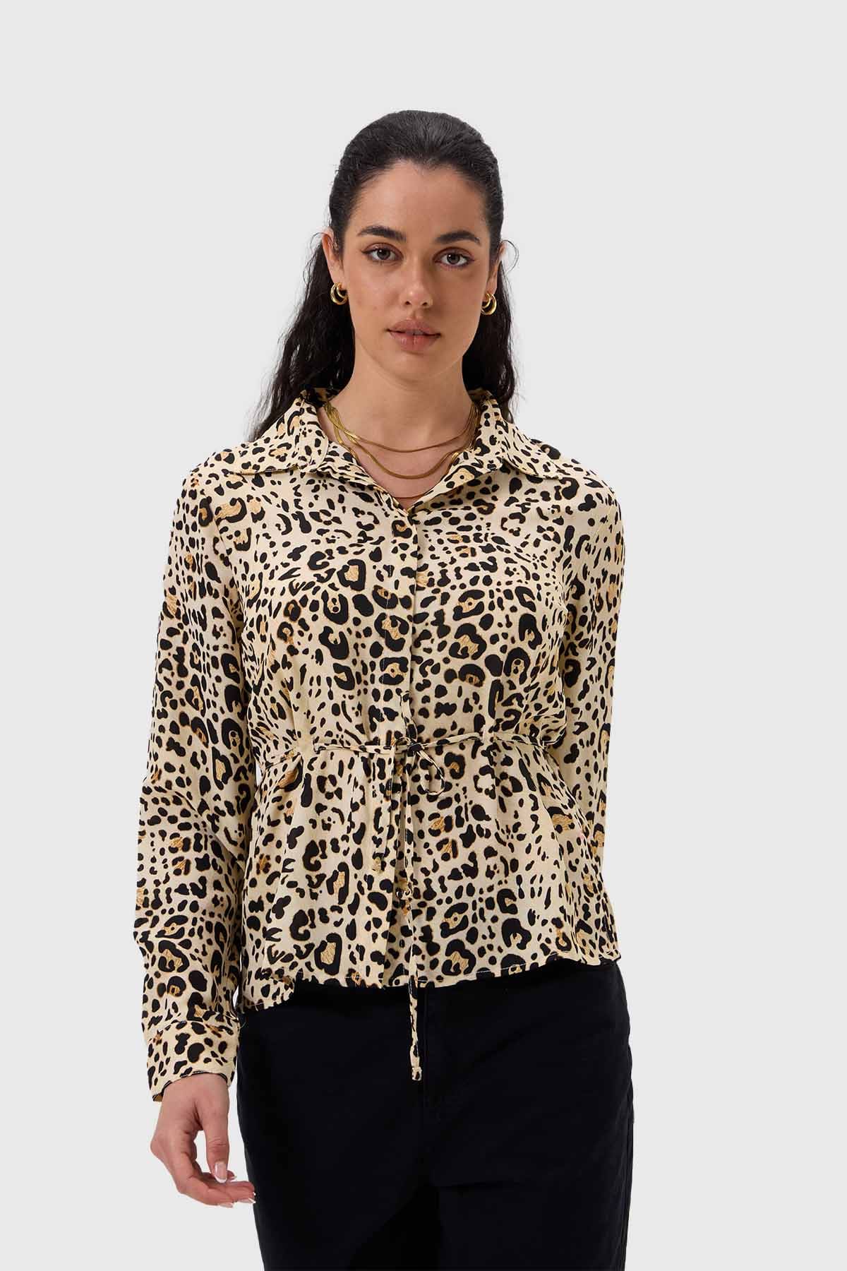 Blusa Mujer Satín Animal Print Beige