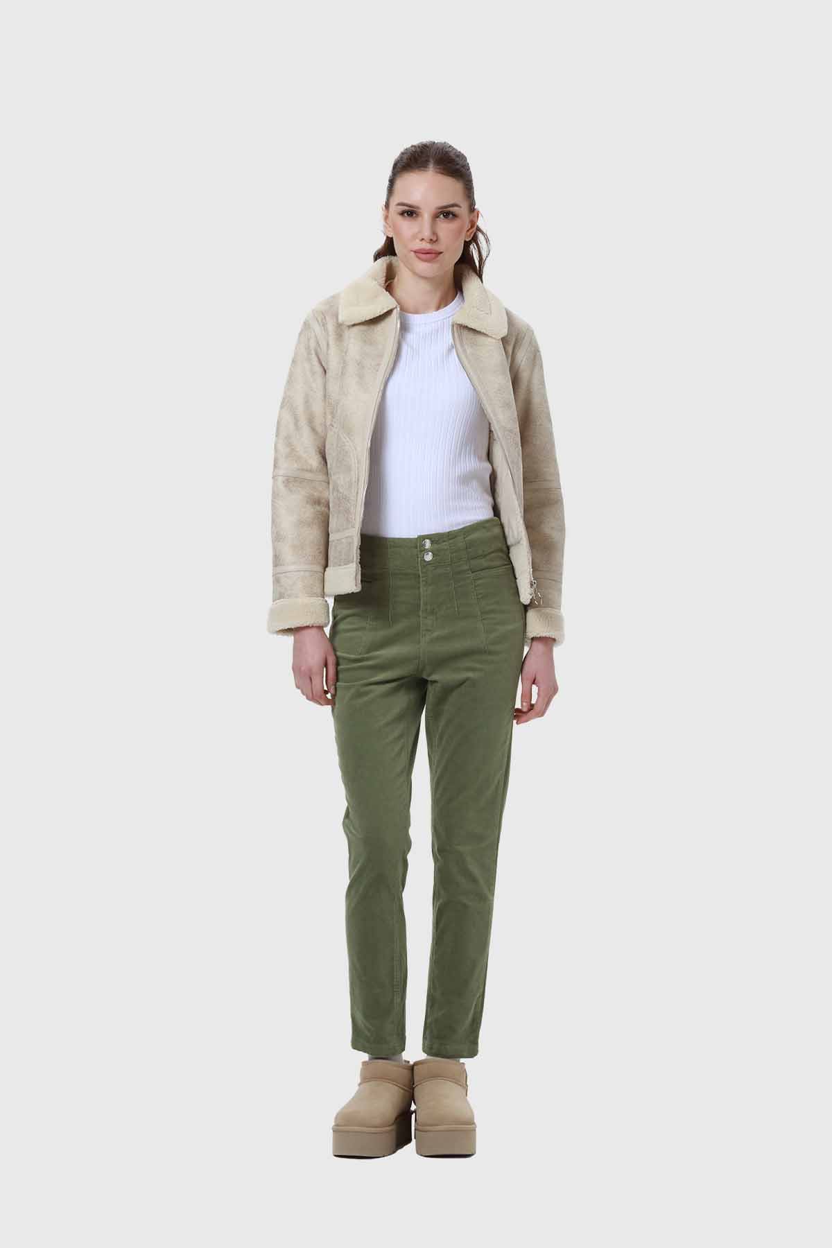 Pantalón Mujer Slim Cotelé Verde