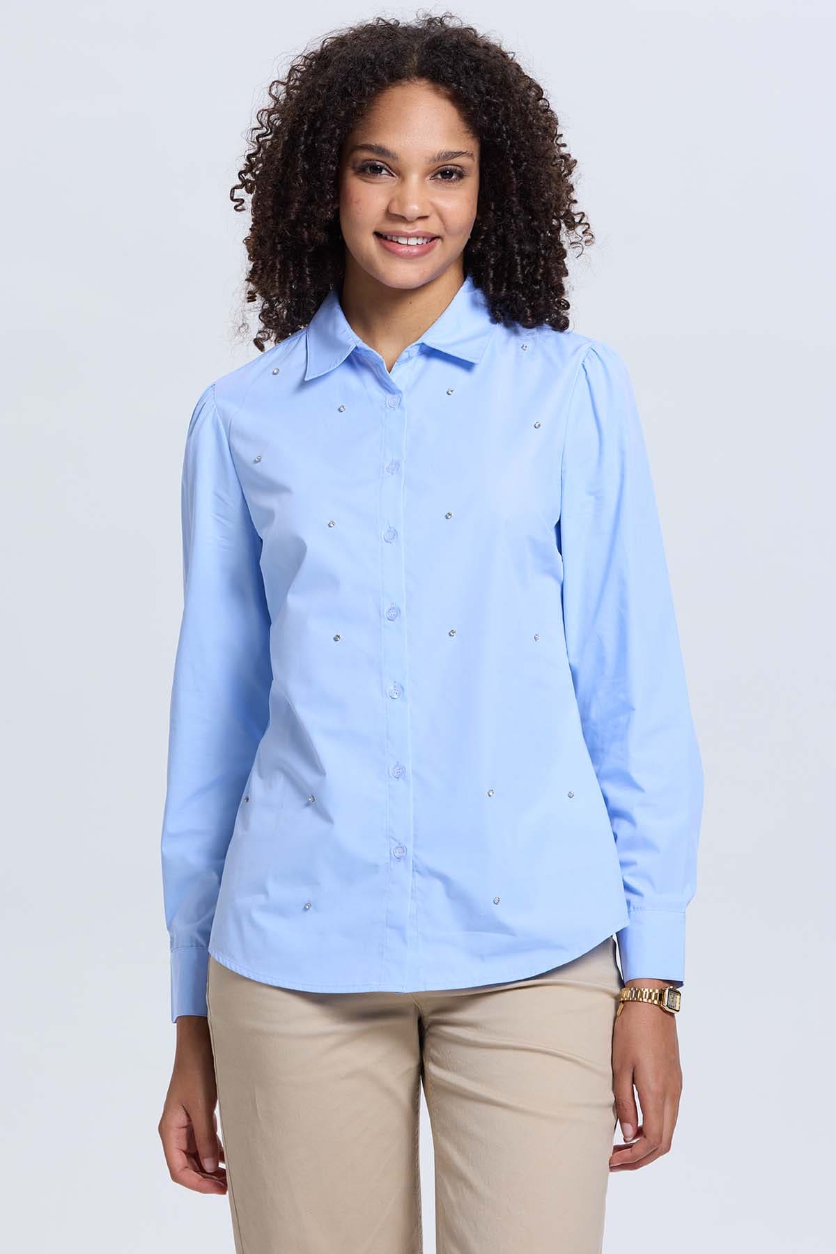 Blusa Mujer Satinada Bolsillo Celeste