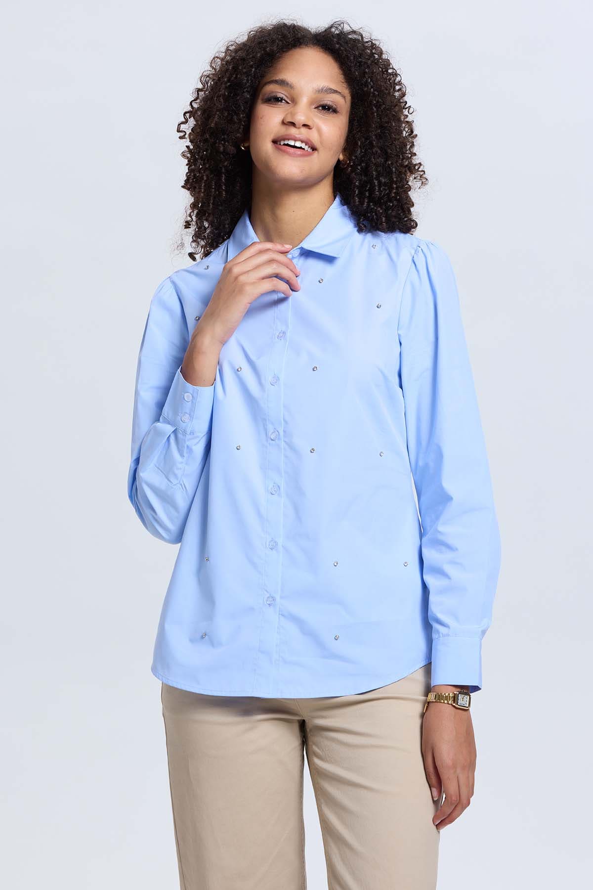 Blusa Mujer Satinada Bolsillo Celeste