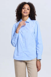 Blusa Mujer Satinada Bolsillo Celeste