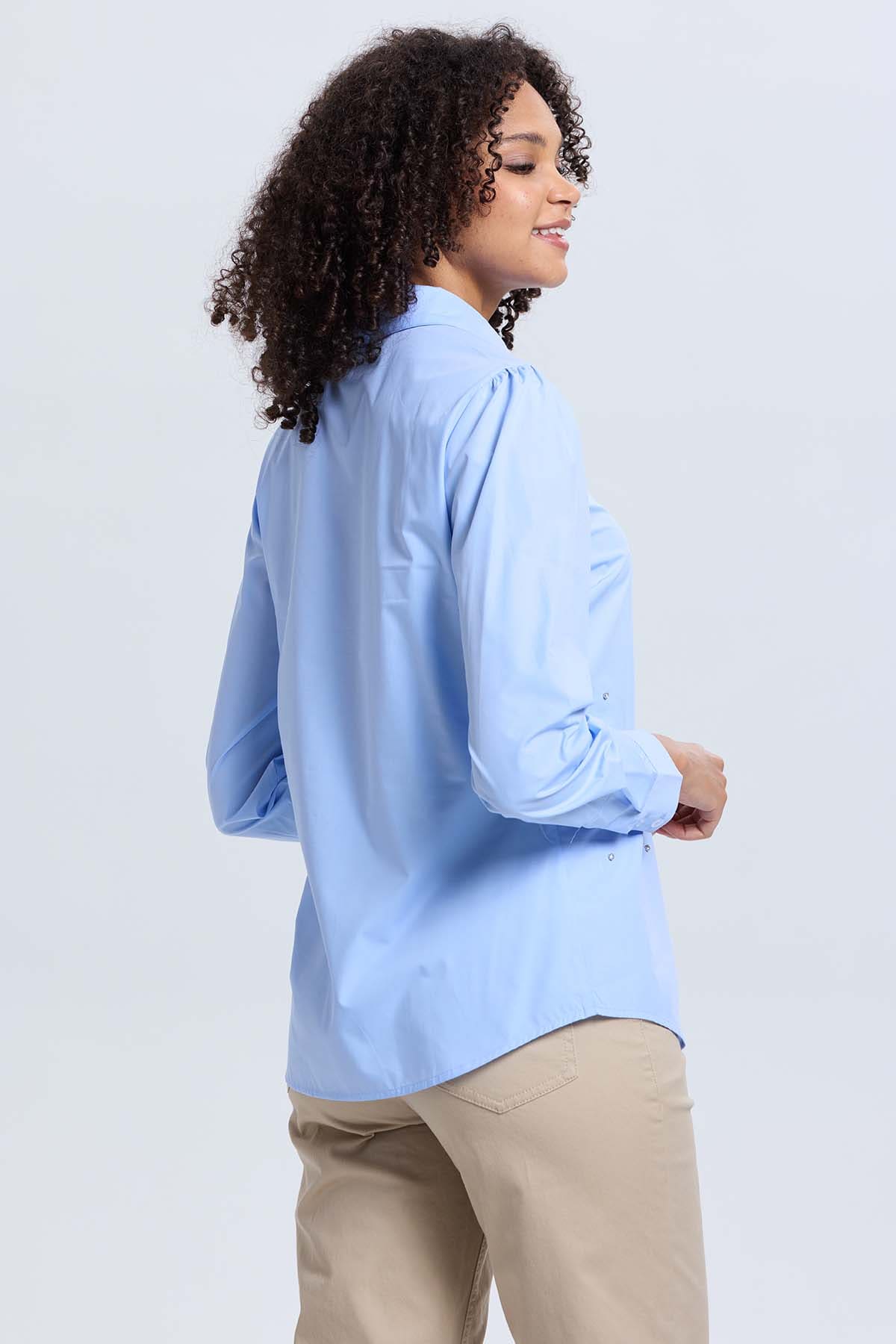 Blusa Mujer Satinada Bolsillo Celeste