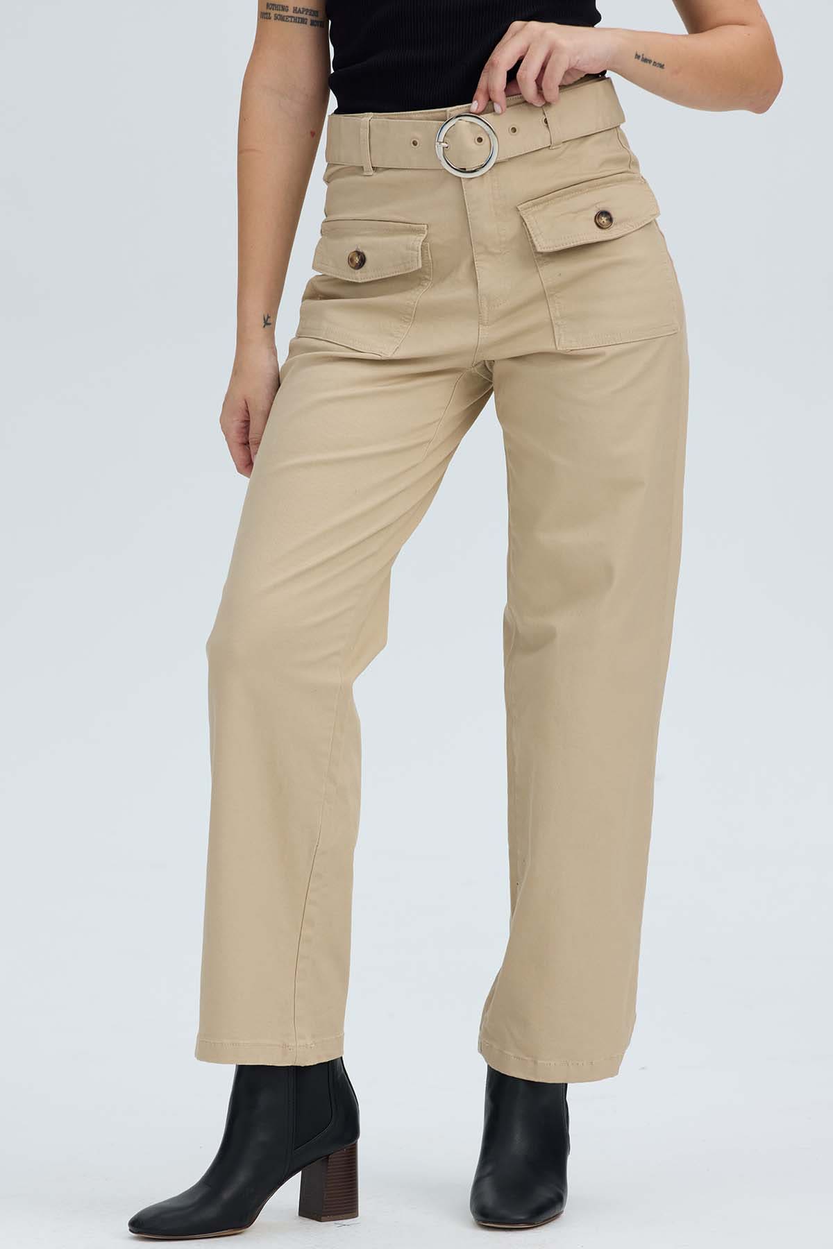 Pantalón Mujer Con Cinturón Y Bolsillos Beige