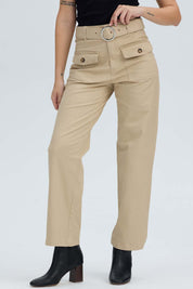 Pantalón Mujer Con Cinturón Y Bolsillos Beige