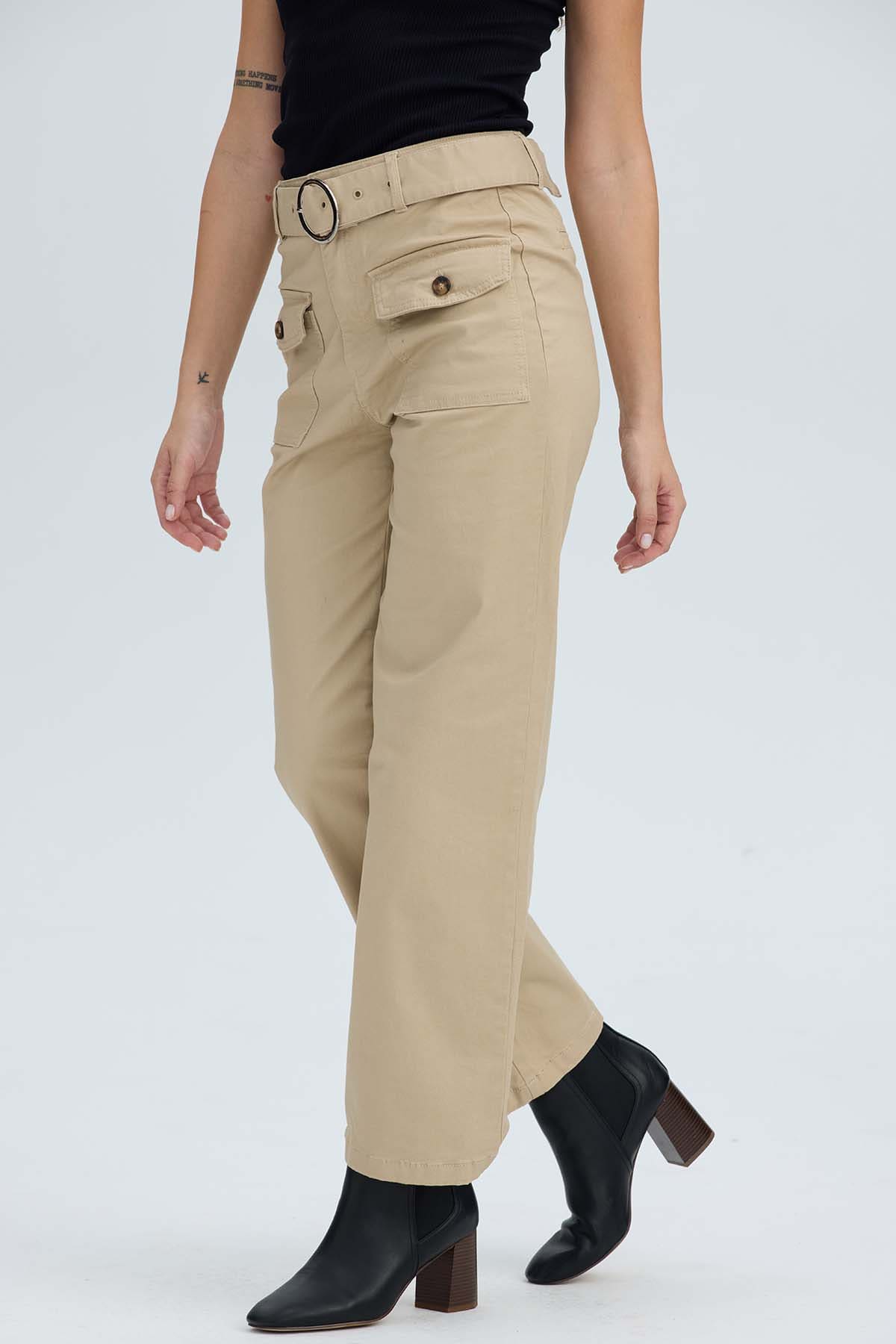 Pantalón Mujer Con Cinturón Y Bolsillos Beige