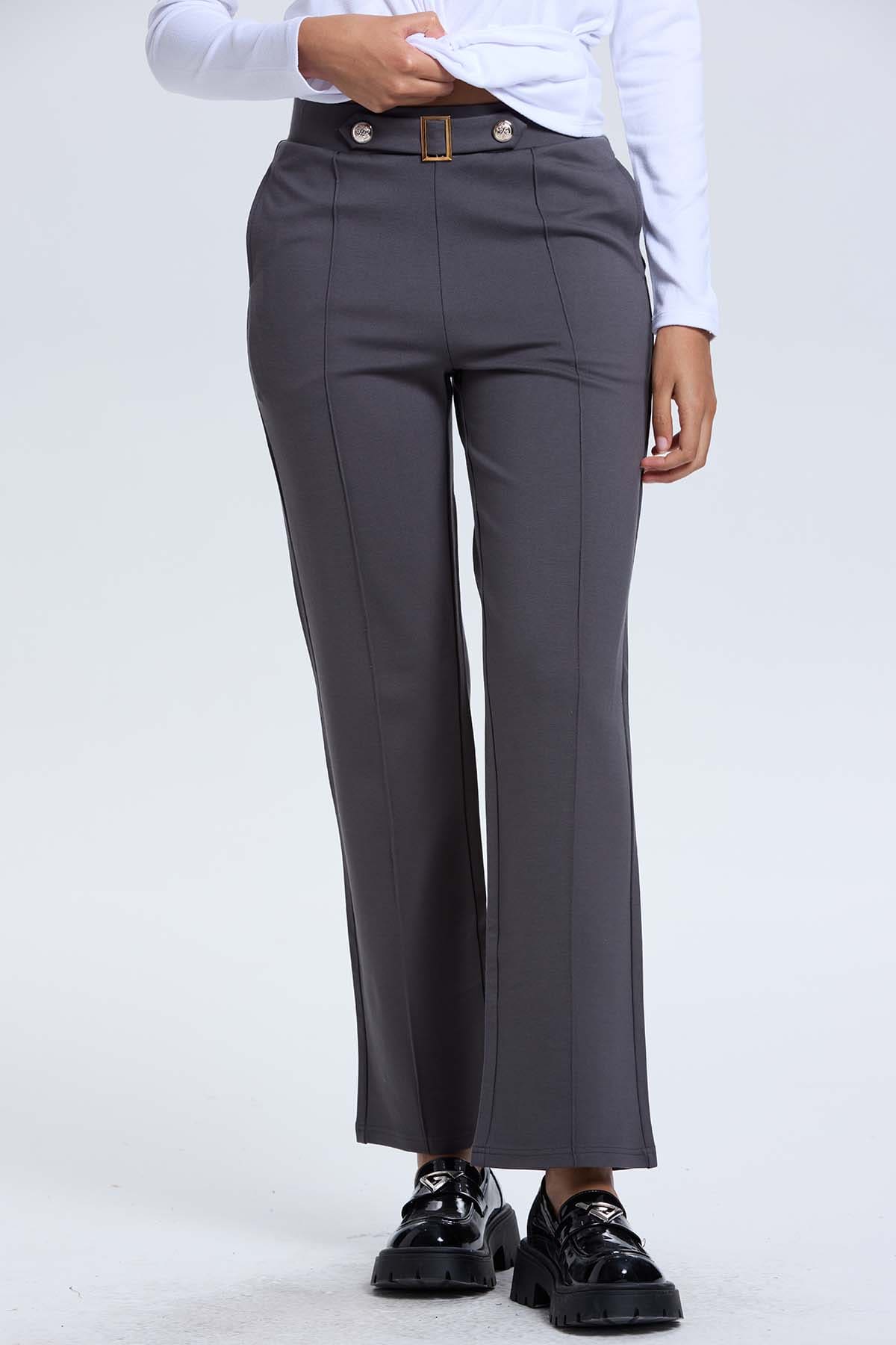 Pantalón Mujer Aplicación Hebilla Gris Oscuro