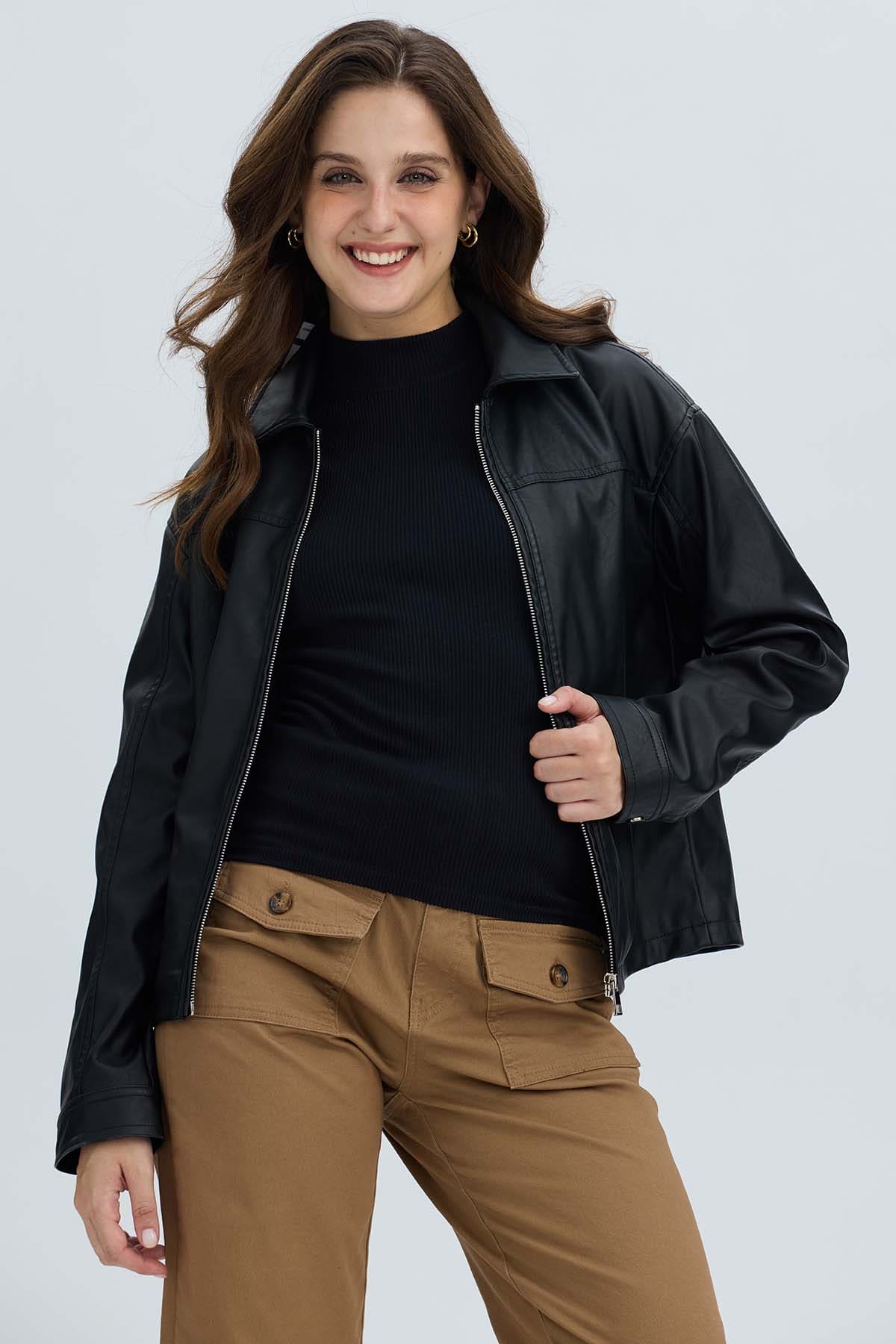 Chaqueta Mujer Efecto Cuero Bolsillos Negro