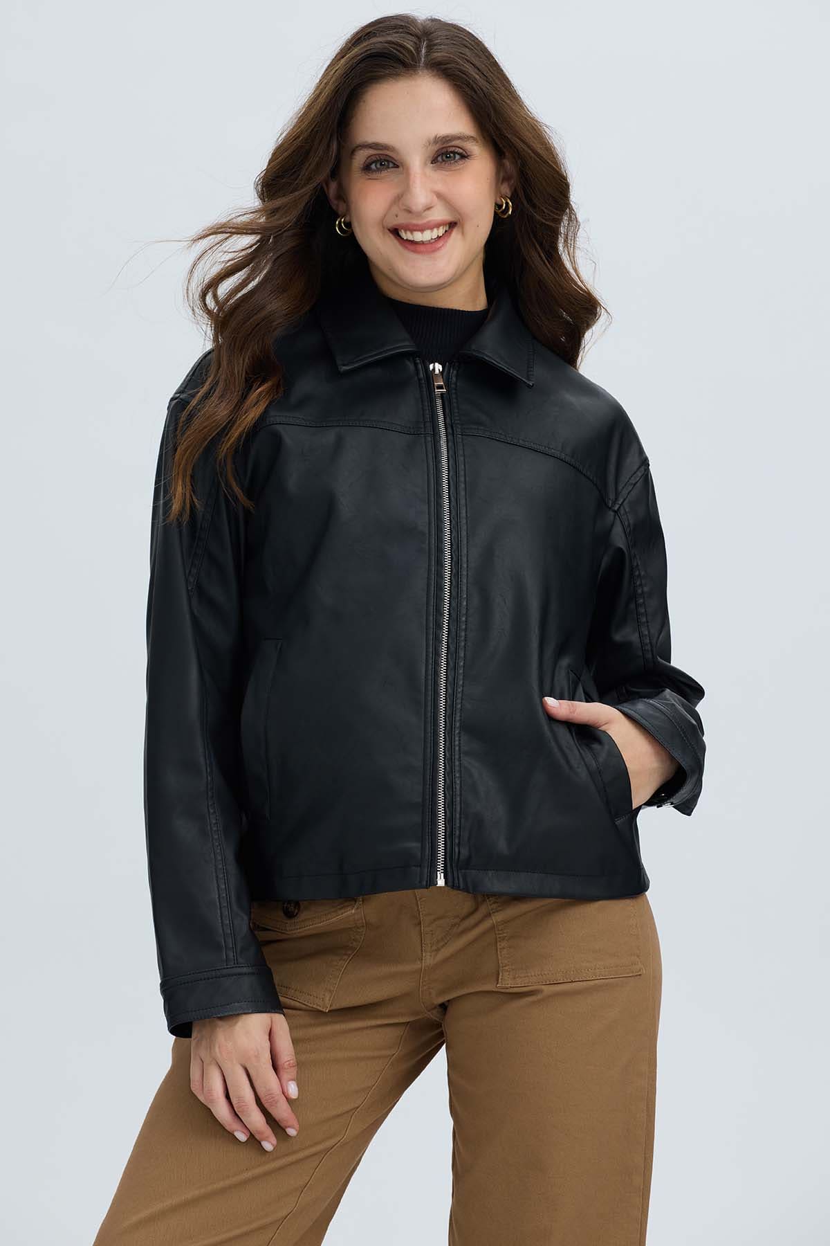 Chaqueta Mujer Efecto Cuero Bolsillos Negro