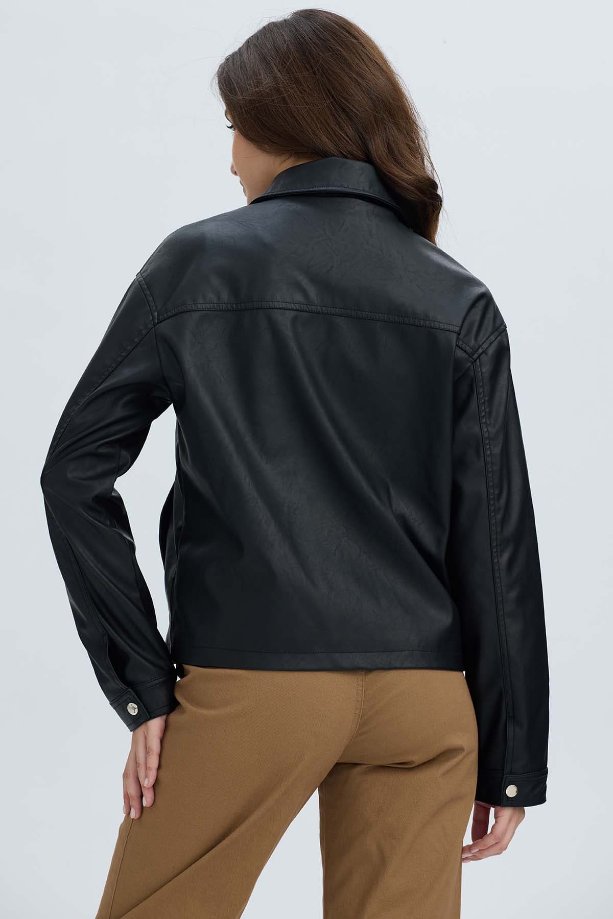 Chaqueta Mujer Efecto Cuero Bolsillos Negro