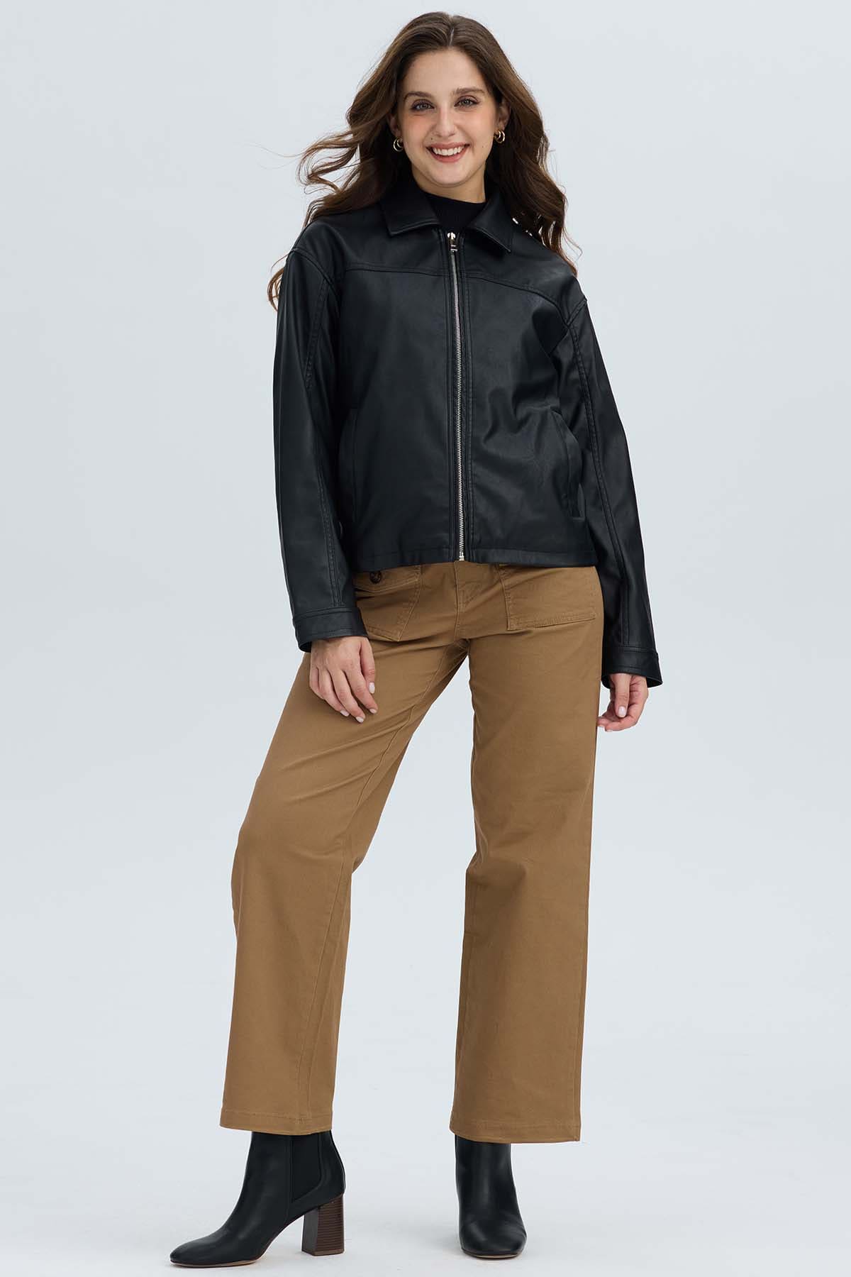 Chaqueta Mujer Efecto Cuero Bolsillos Negro