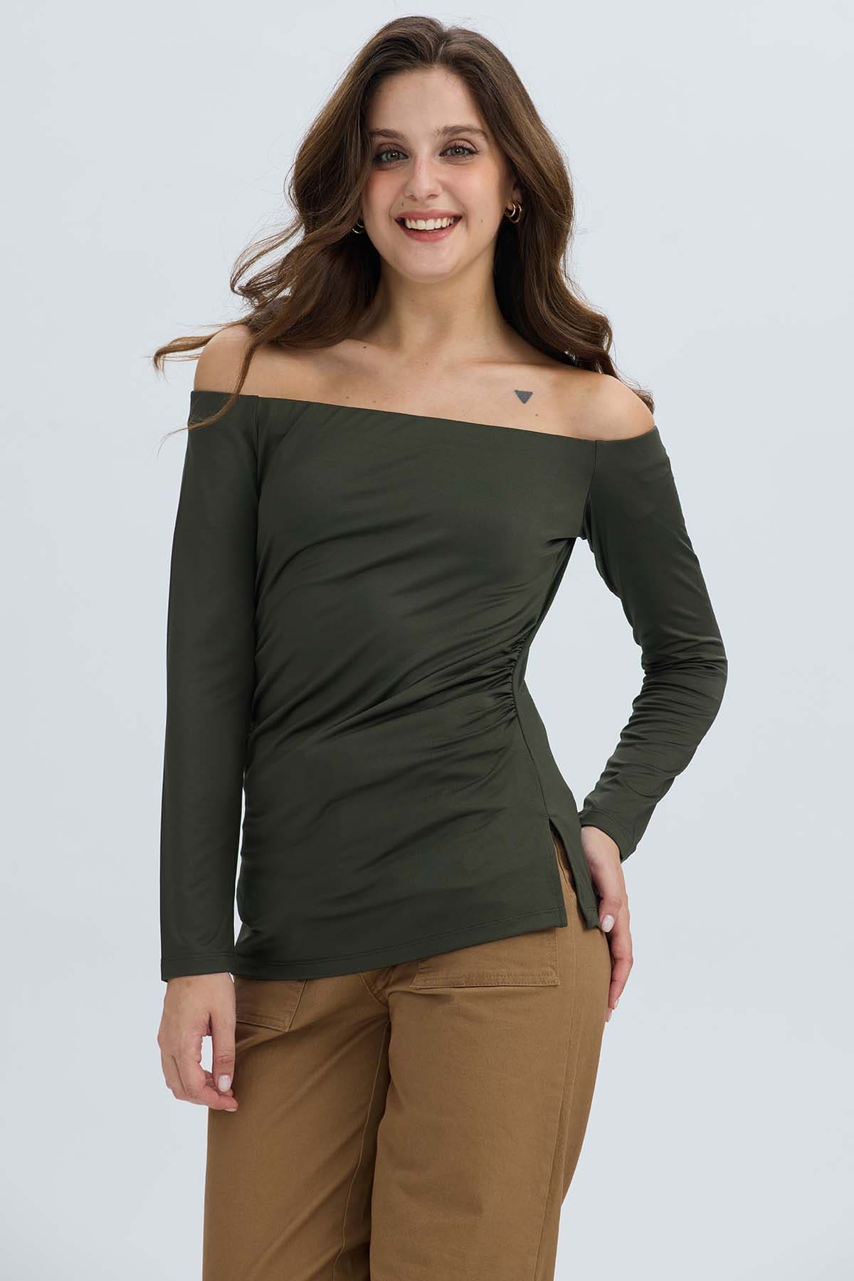 Polera Mujer Escote Bardot Verde Militar