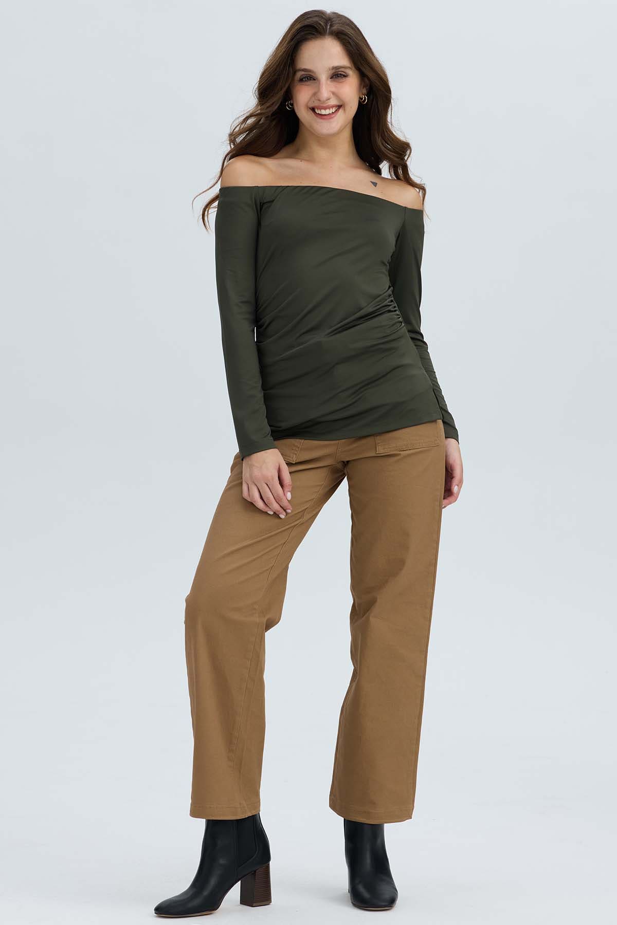 Polera Mujer Escote Bardot Verde Militar