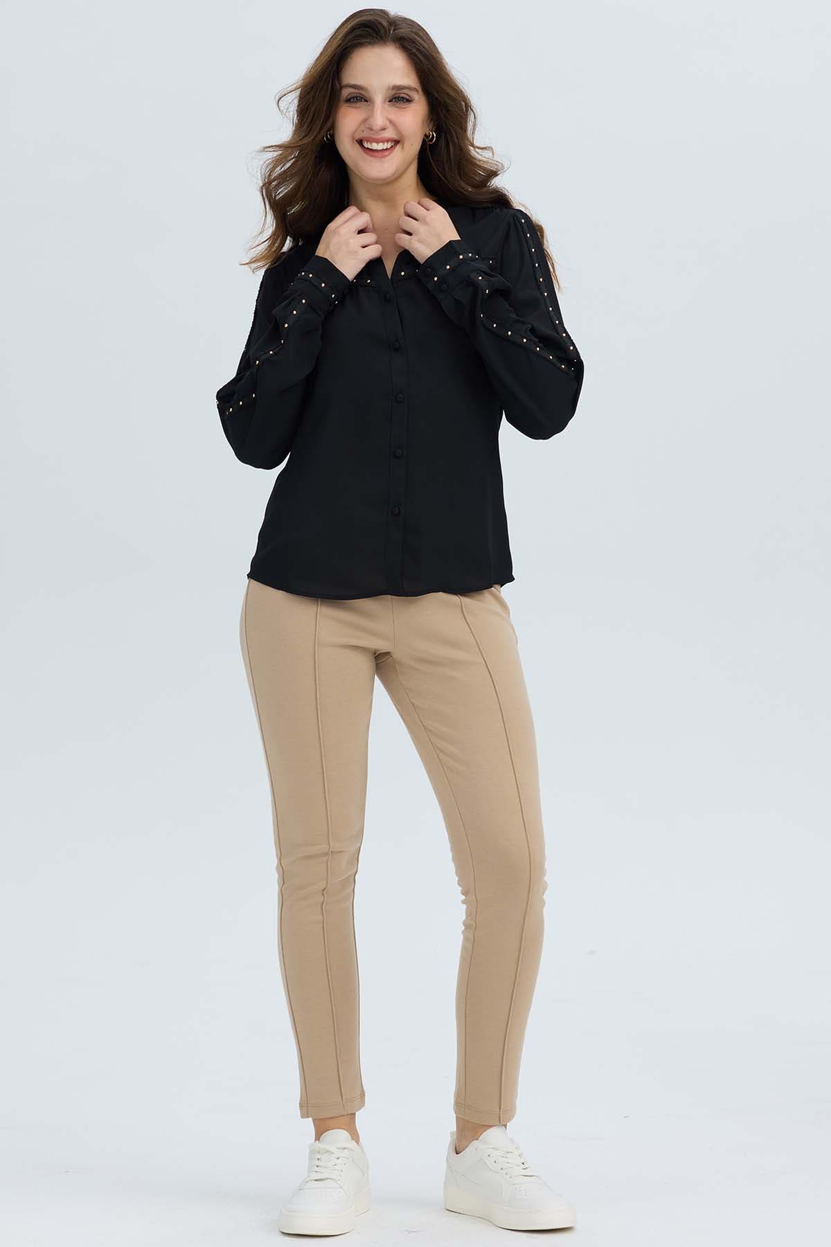 Blusa Mujer Abotonada Aplicación Negro