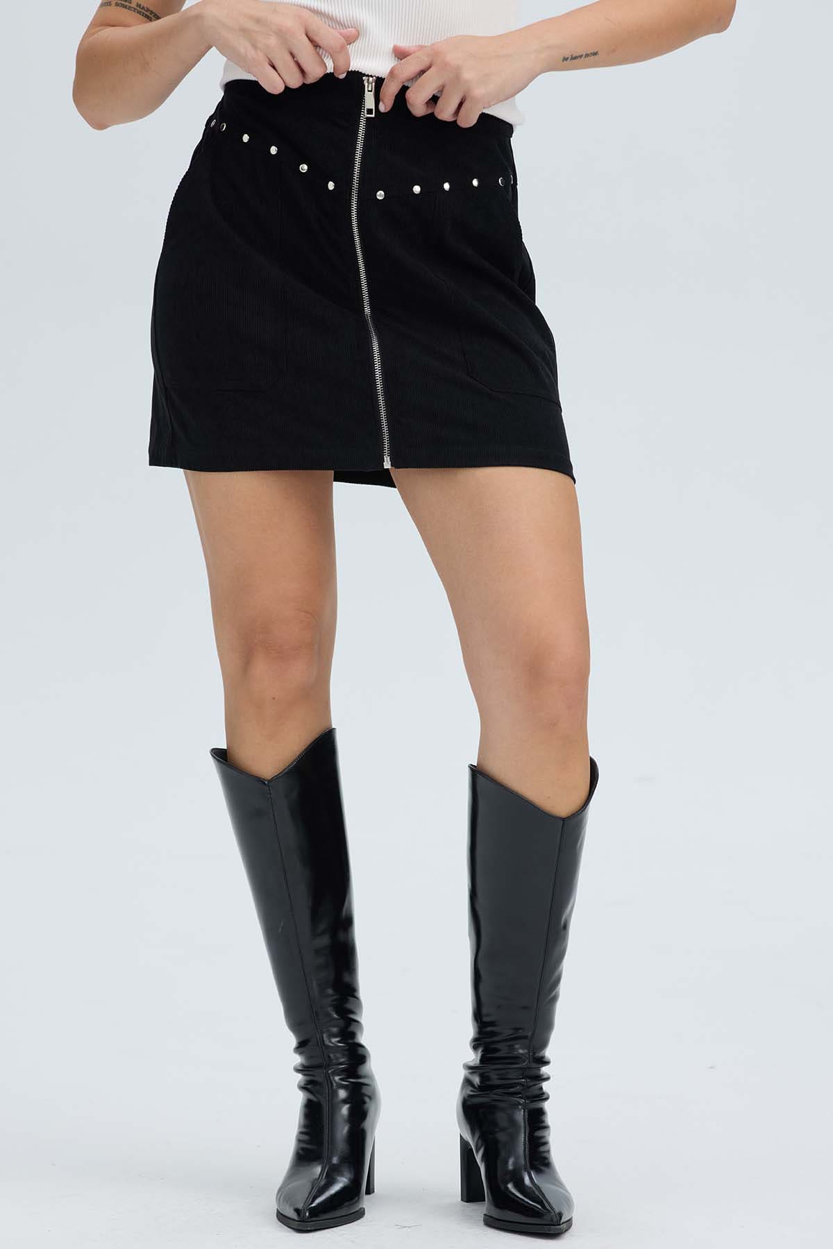 Falda Mujer Cotelé Cierre Delantero Negro