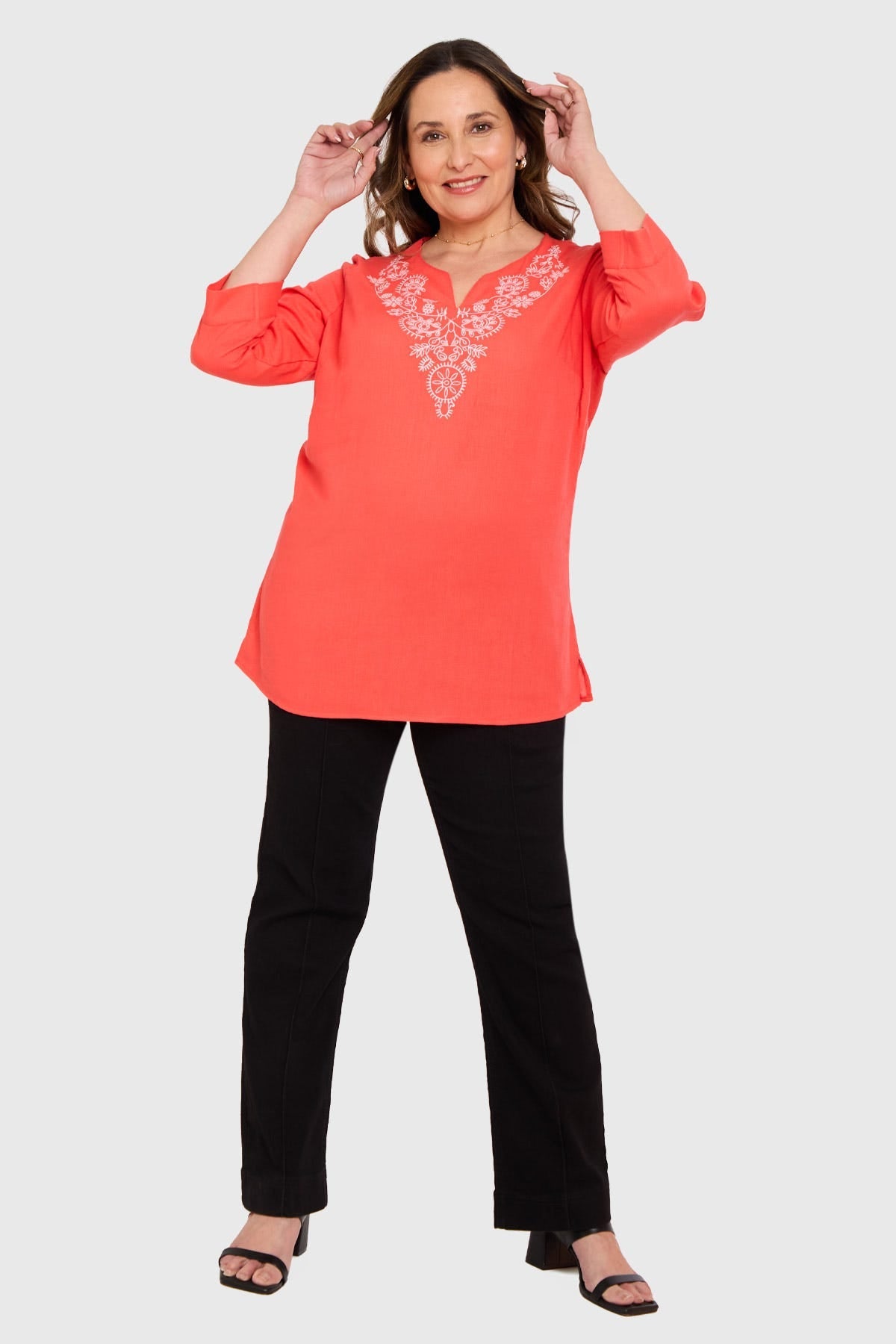 Blusa Mujer Lino Roll Up Coral