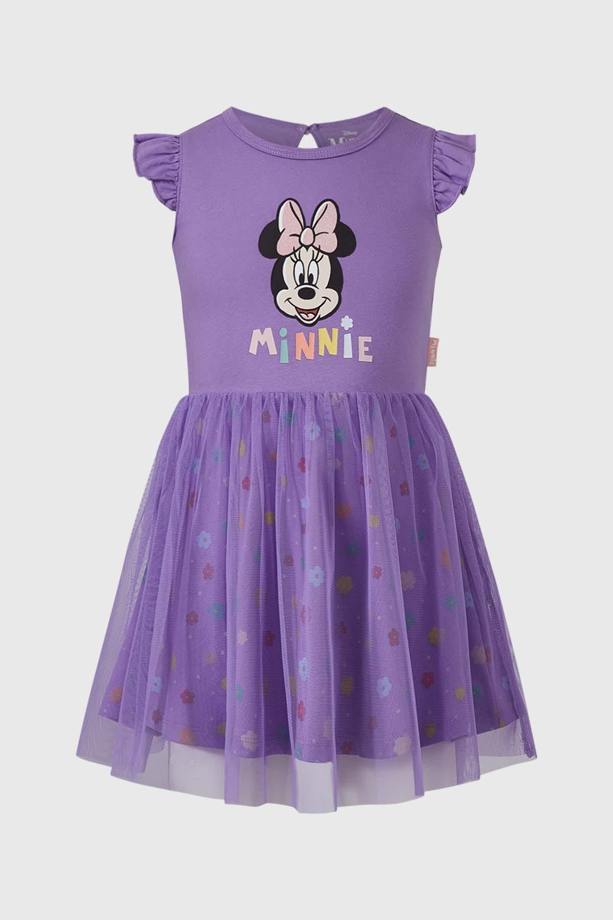 Vestido lila para niña con estampado de Minnie y tul en la falda.