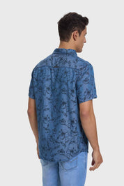 Camisa Hombre Denim Slim Floreada Azul