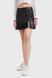 Falda Mujer Tableada Efecto Cuero Negro