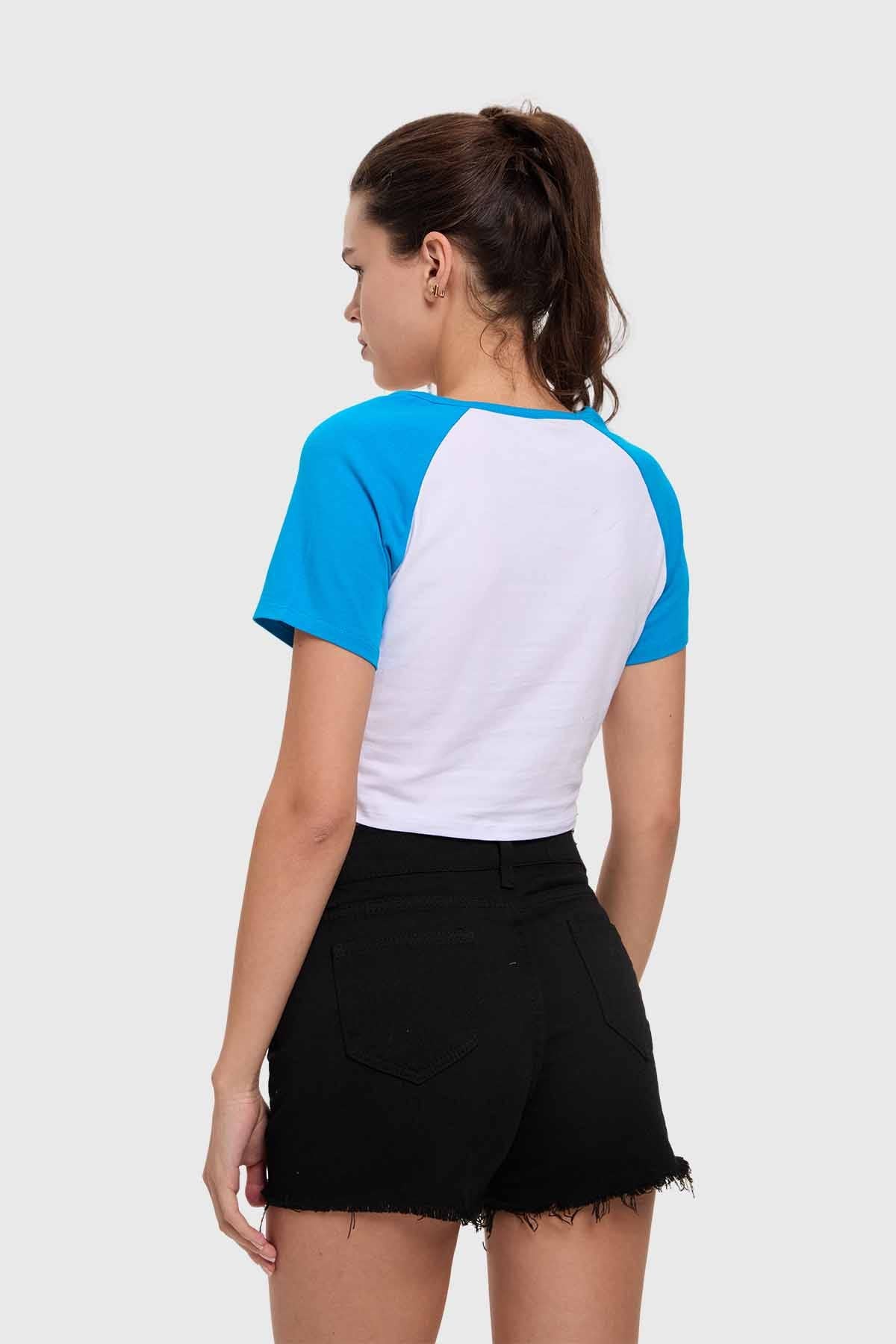 Polera Mujer Crop Estampado Azul
