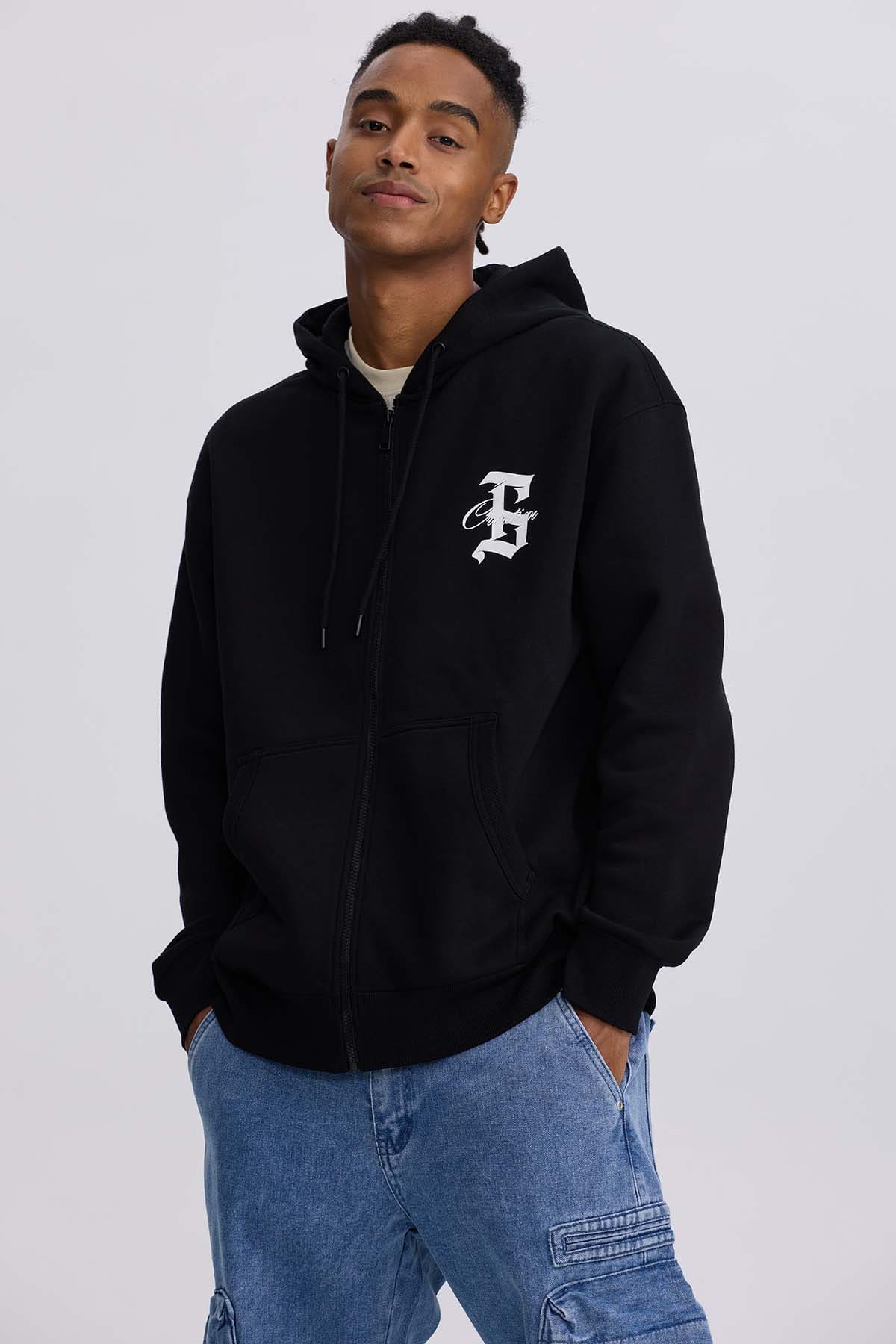 Polerón Hombre Full Zipper Print Negro Negro / XXL