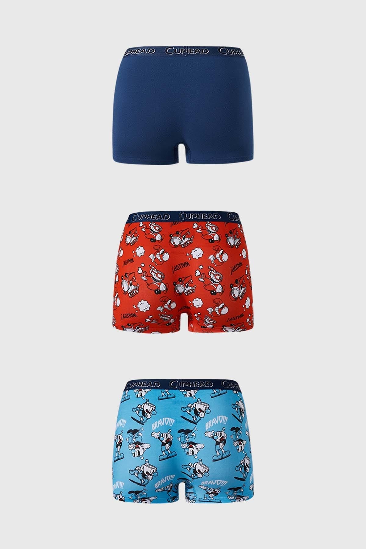 Boxer niño tripack Cuphead en colores rojo, azul y navy con estampados divertidos.