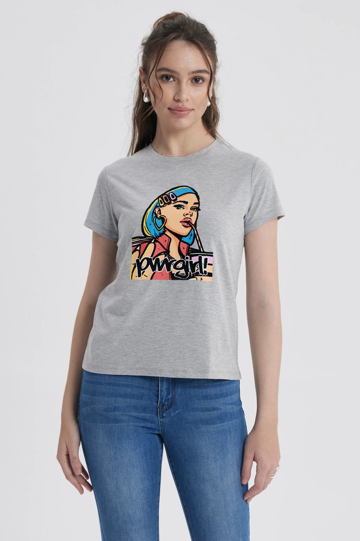Polera Mujer Básica Print Gris Melange / Rosado