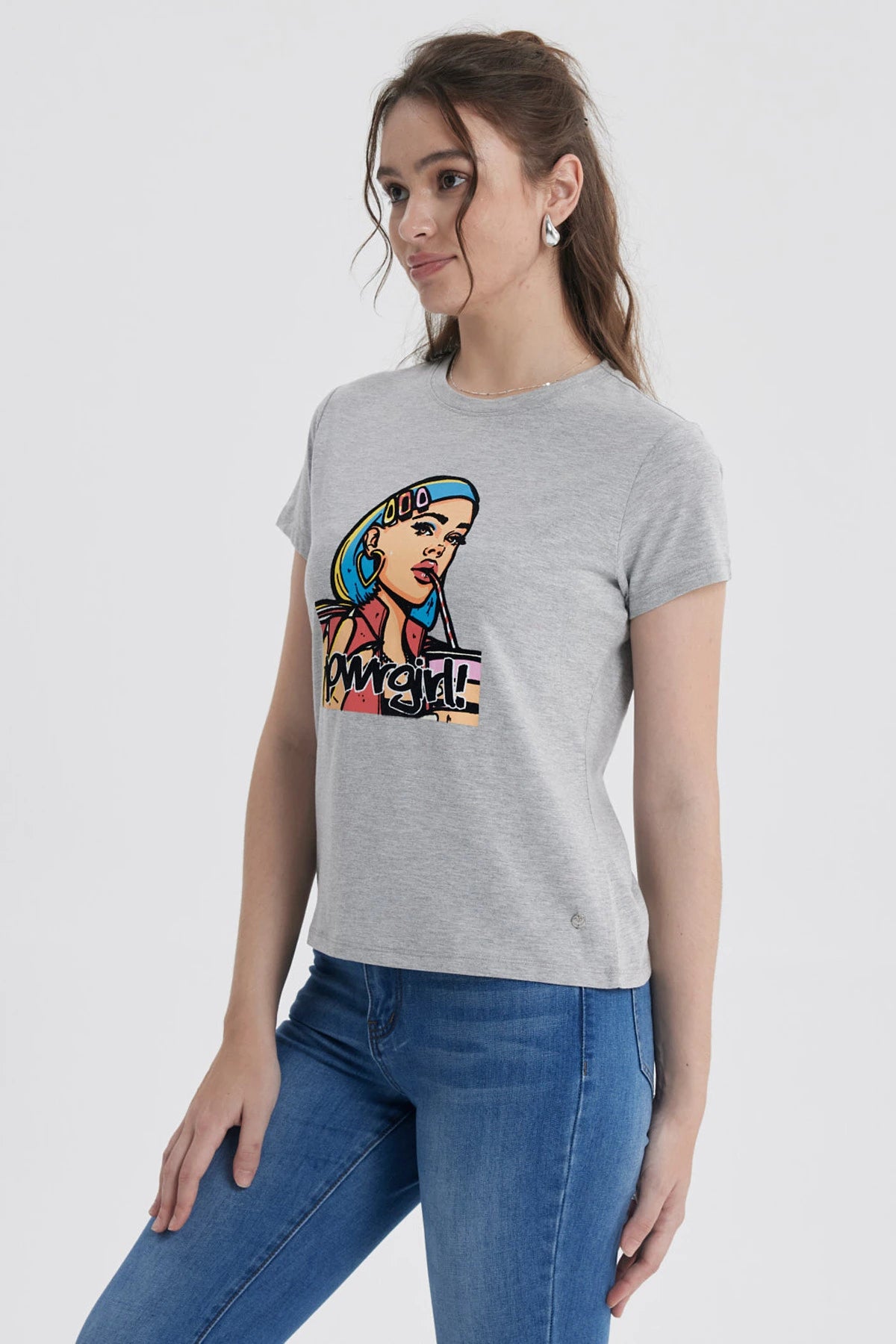 Polera Mujer Básica Print Gris Melange / Rosado