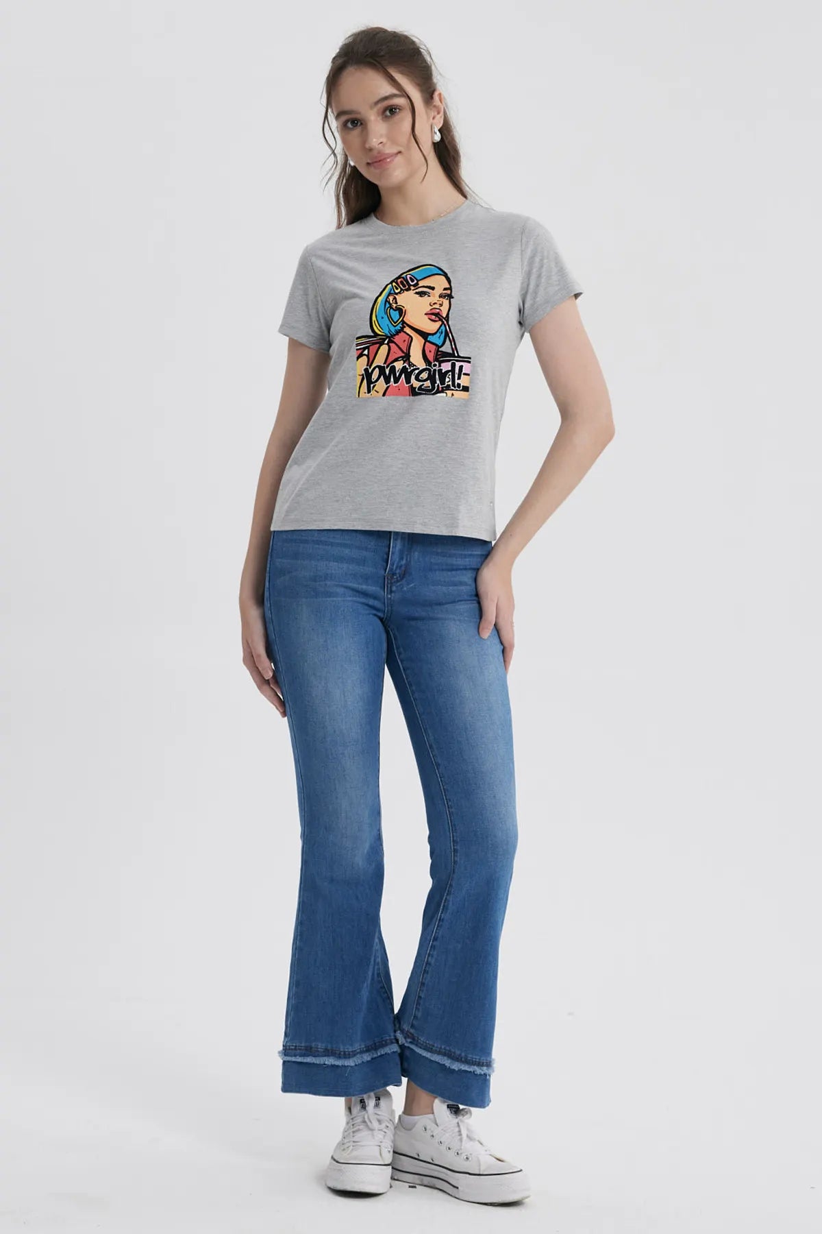 Polera Mujer Básica Print Gris Melange / Rosado